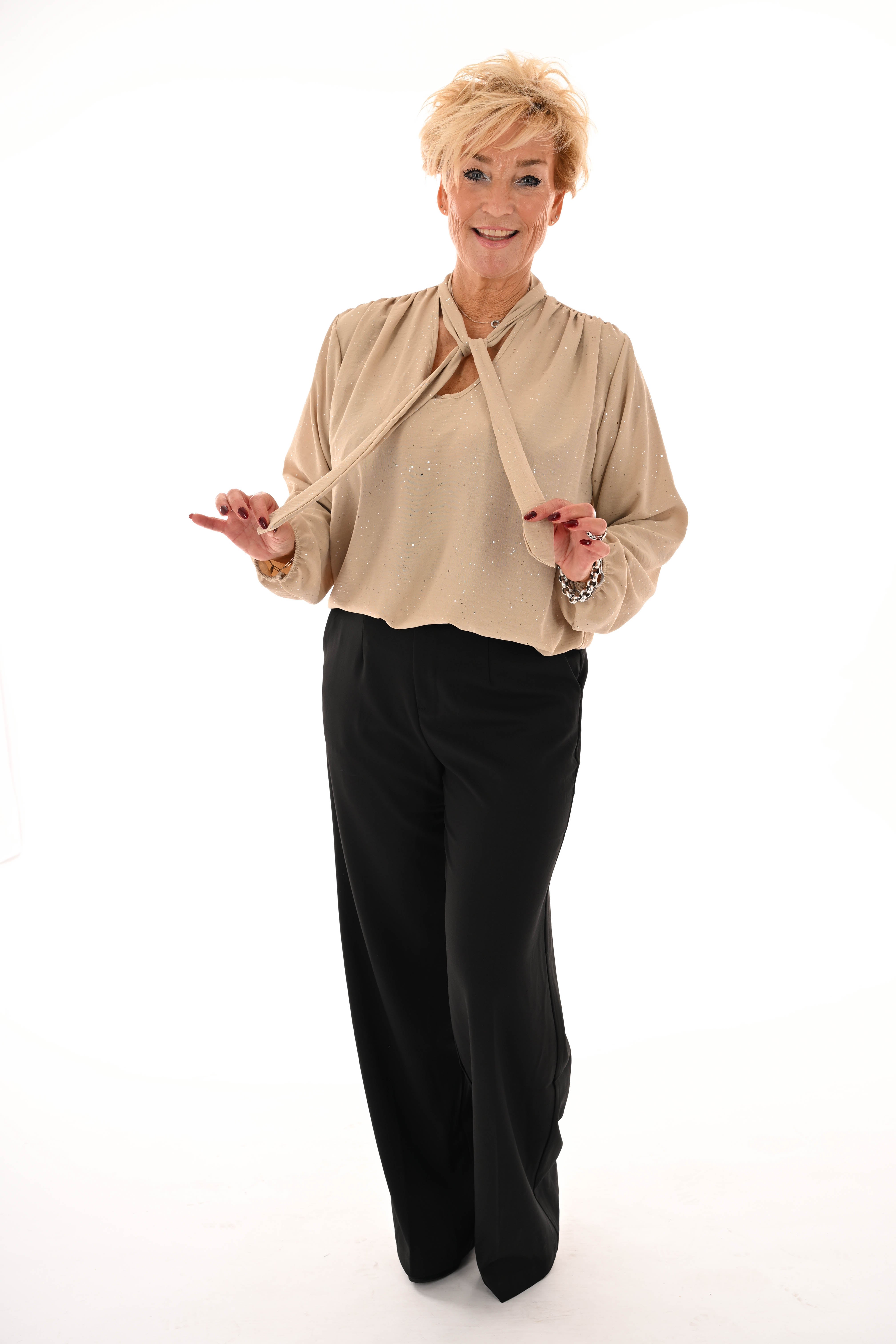 Blouse met strik glitter beige