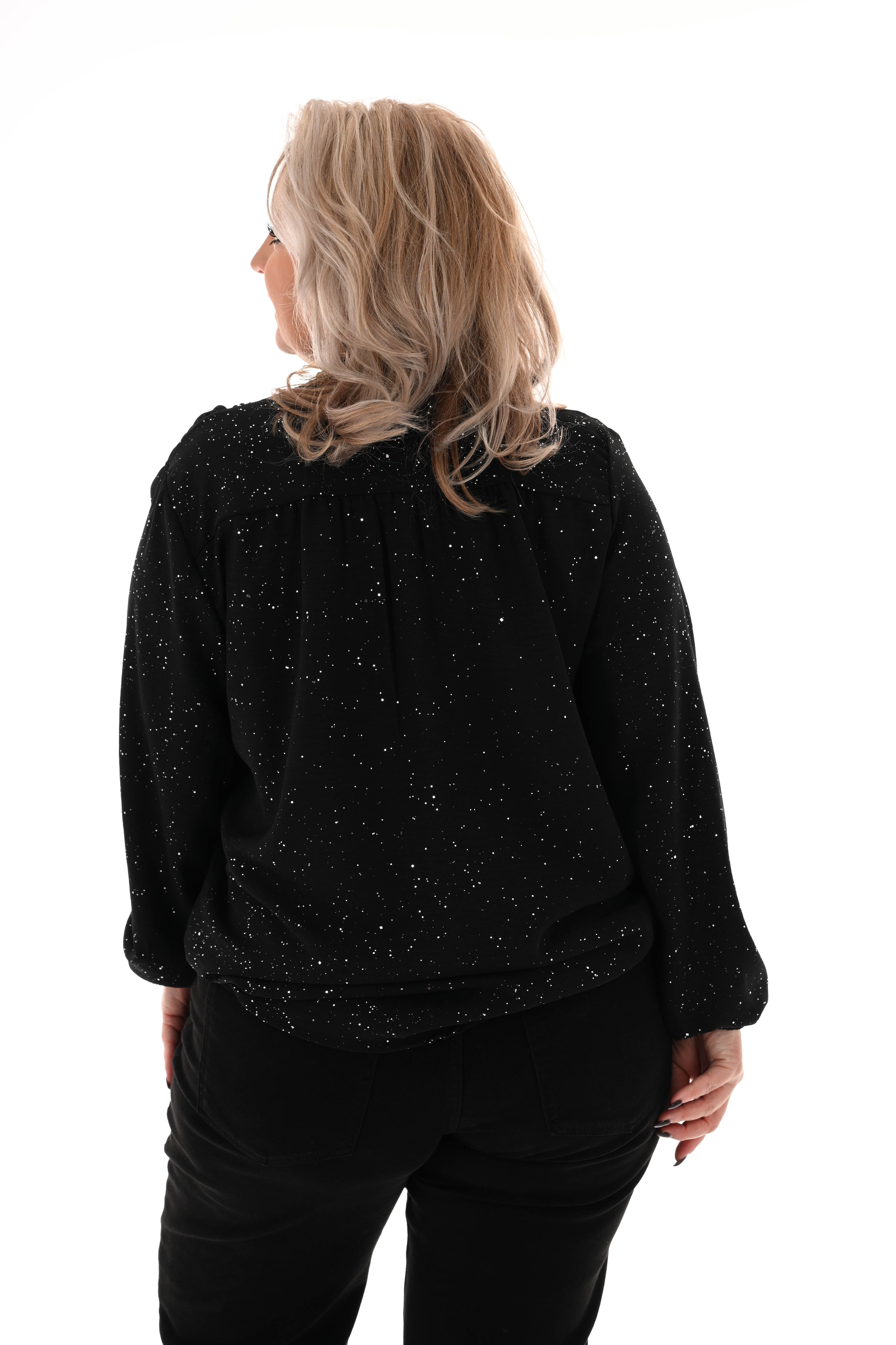 Blouse met strik glitter zwart
