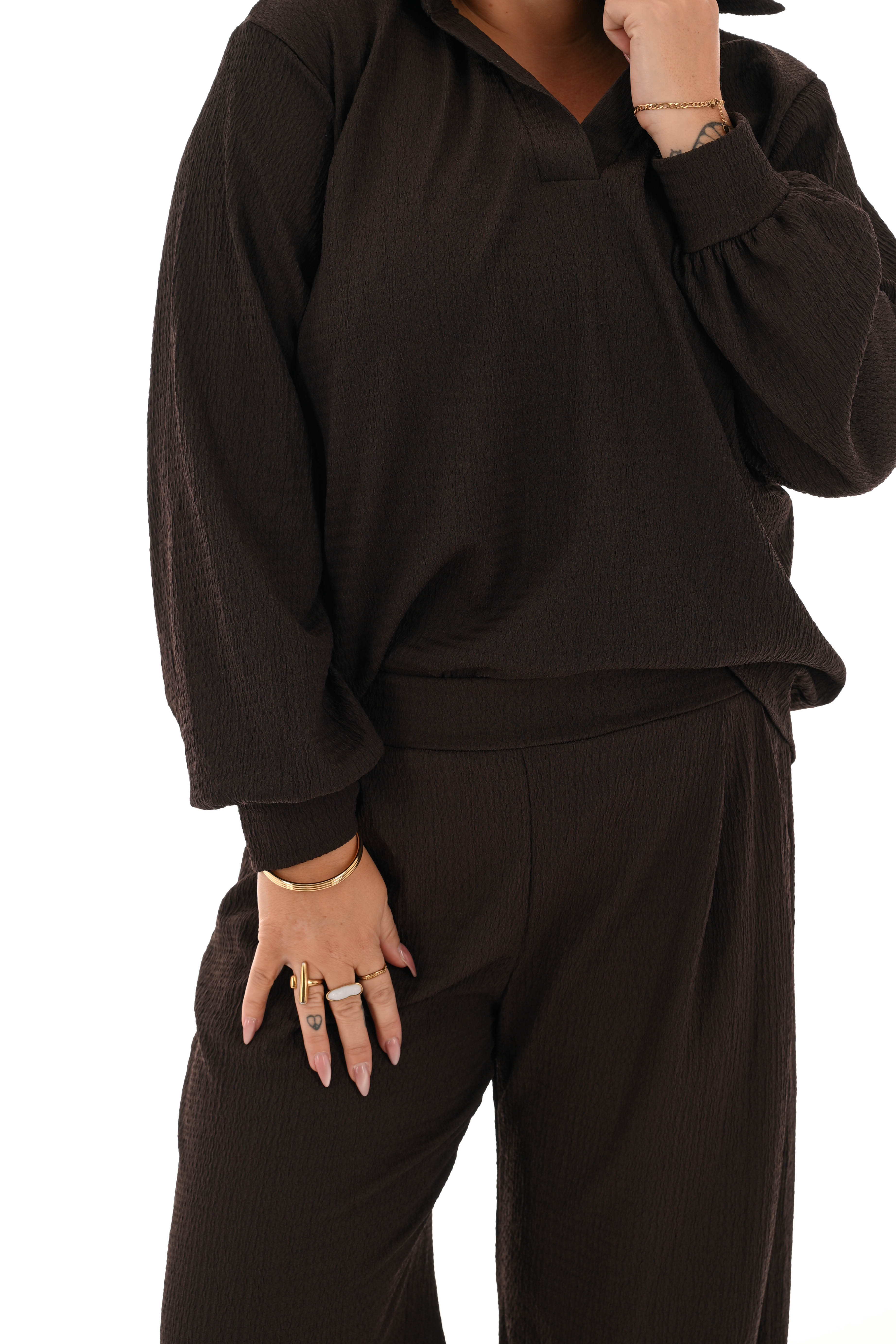 Tweedelig crepe pak v-hals met kraag donkerbruin