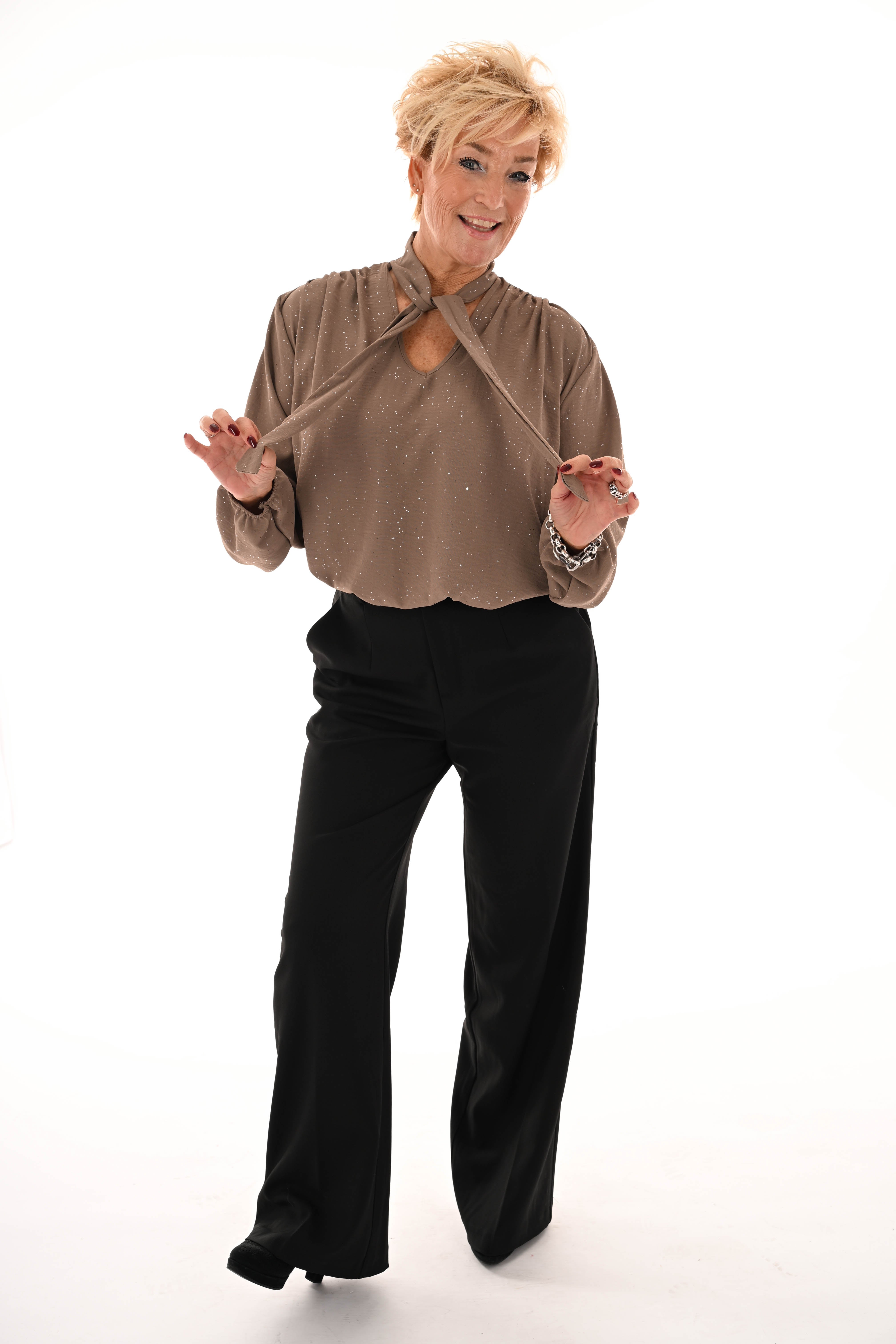 Blouse met strik glitter lichtbruin