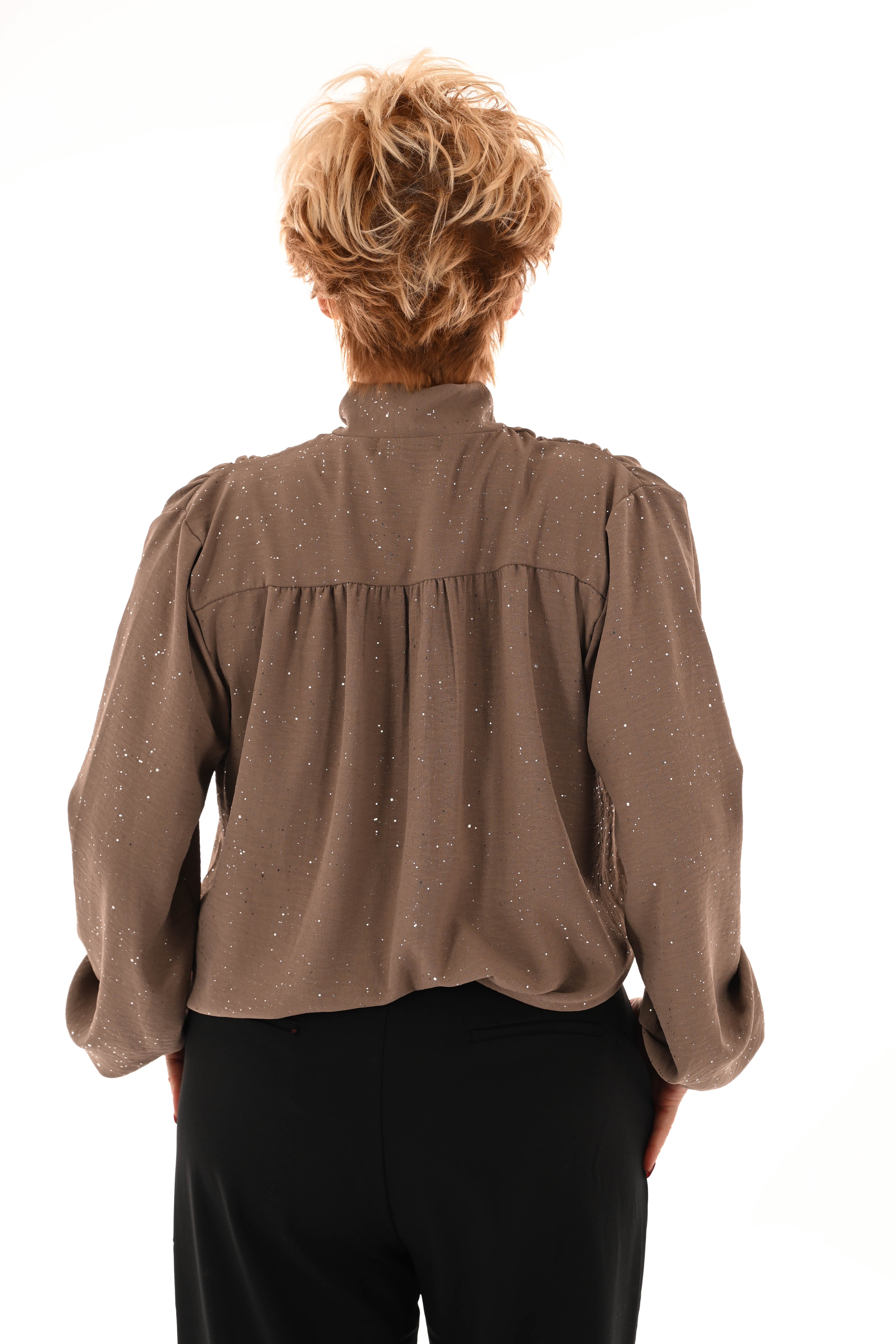 Blouse met strik glitter lichtbruin