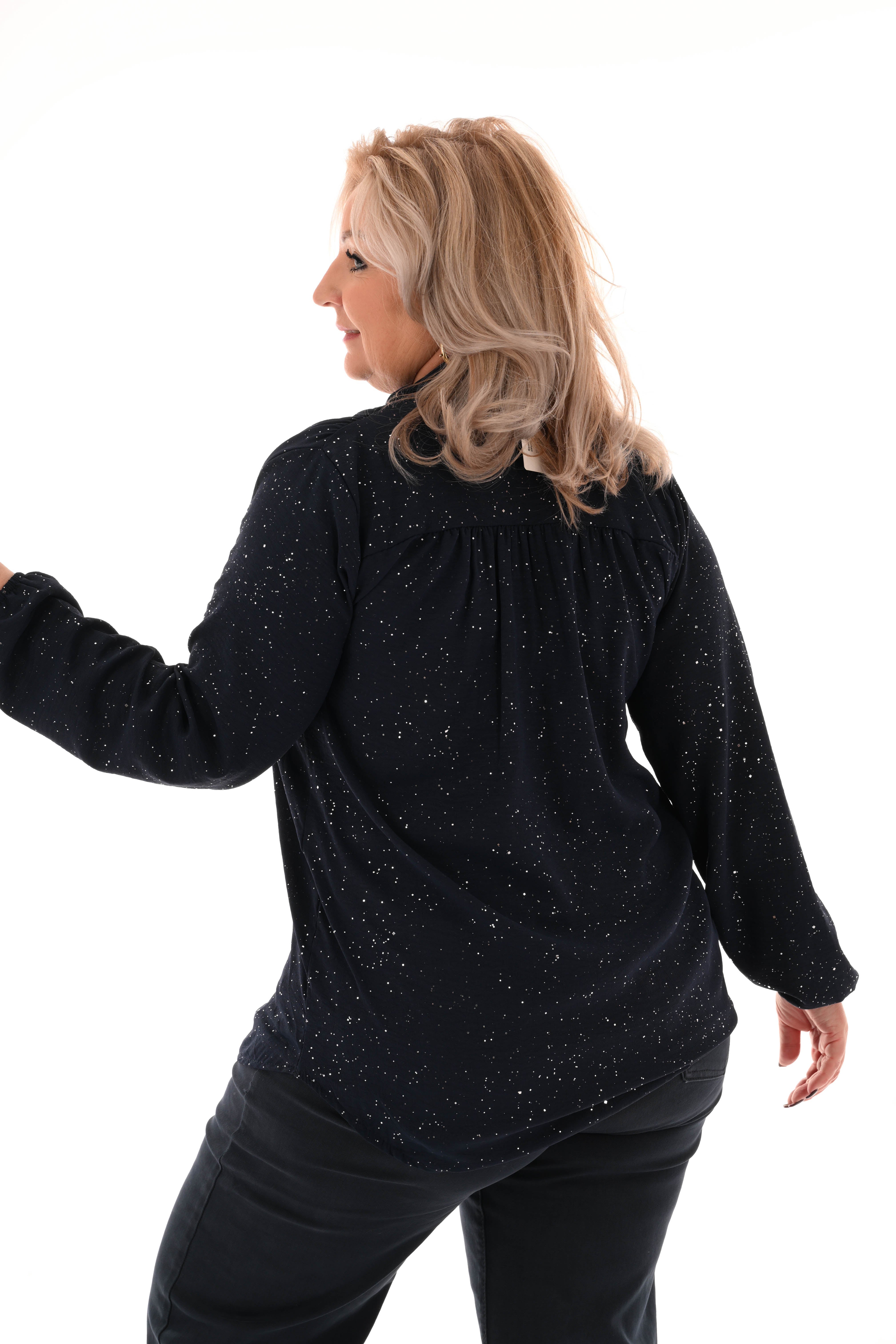 Blouse met strik glitter marineblauw