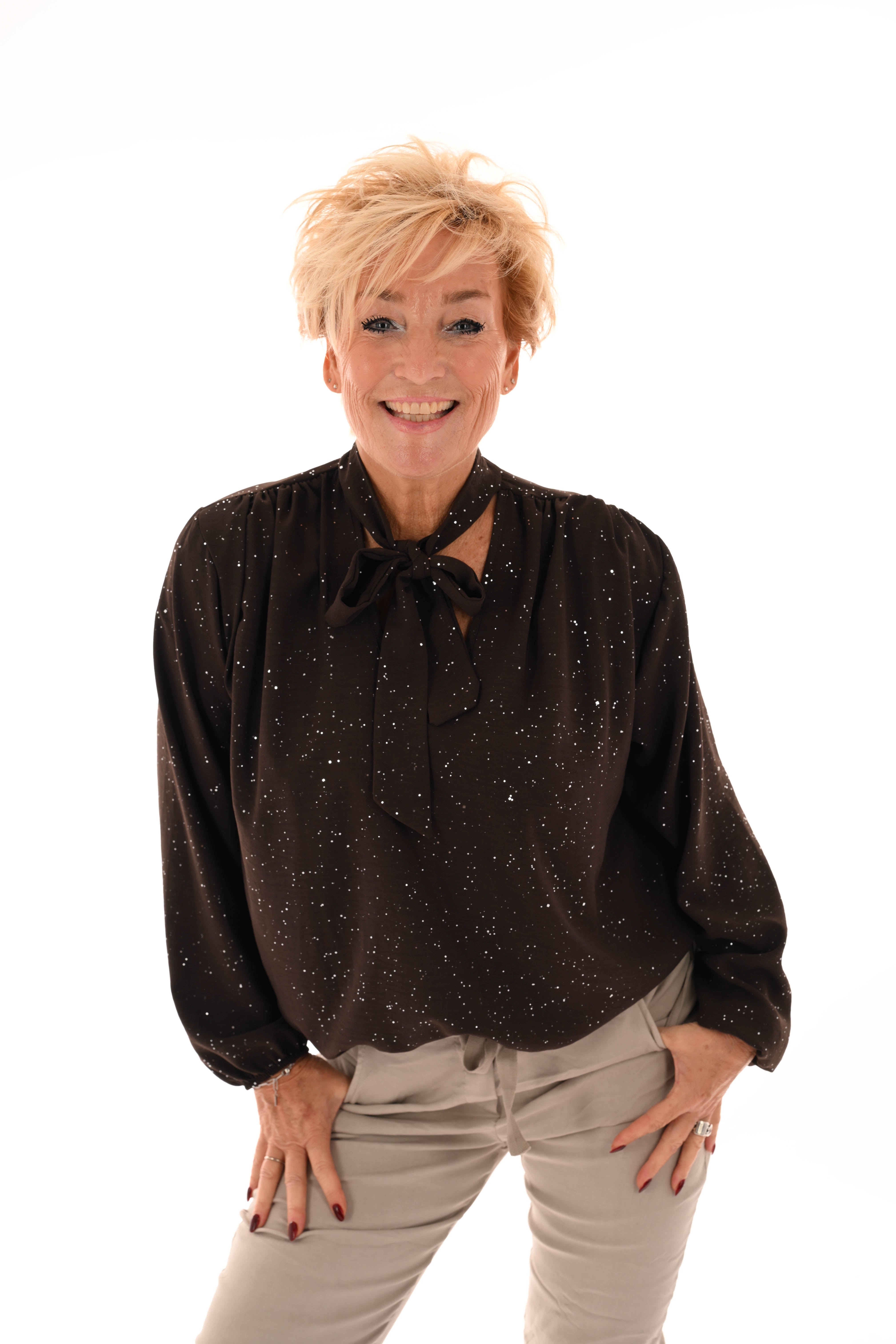 Blouse met strik glitter donkerbruin