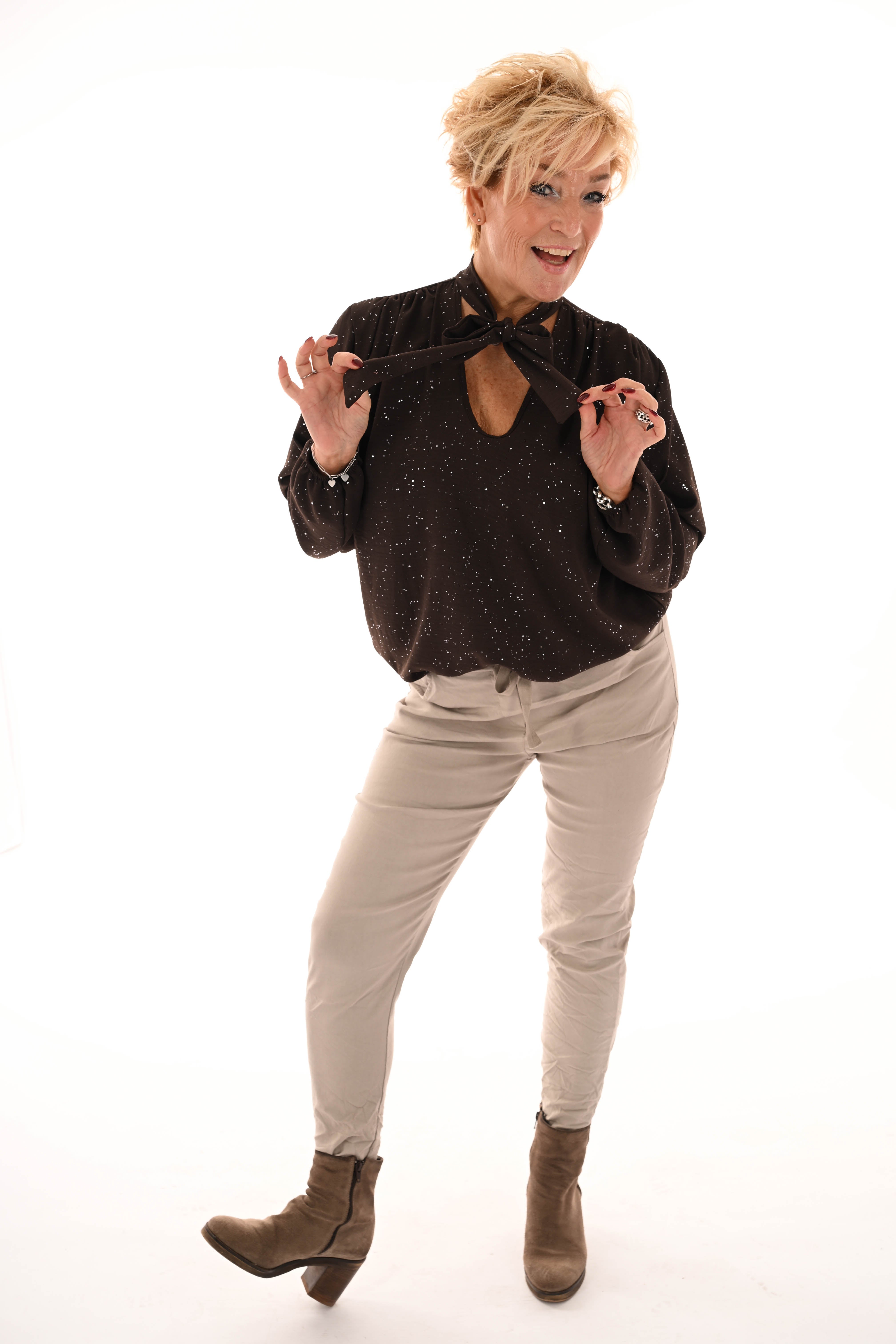 Blouse met strik glitter donkerbruin