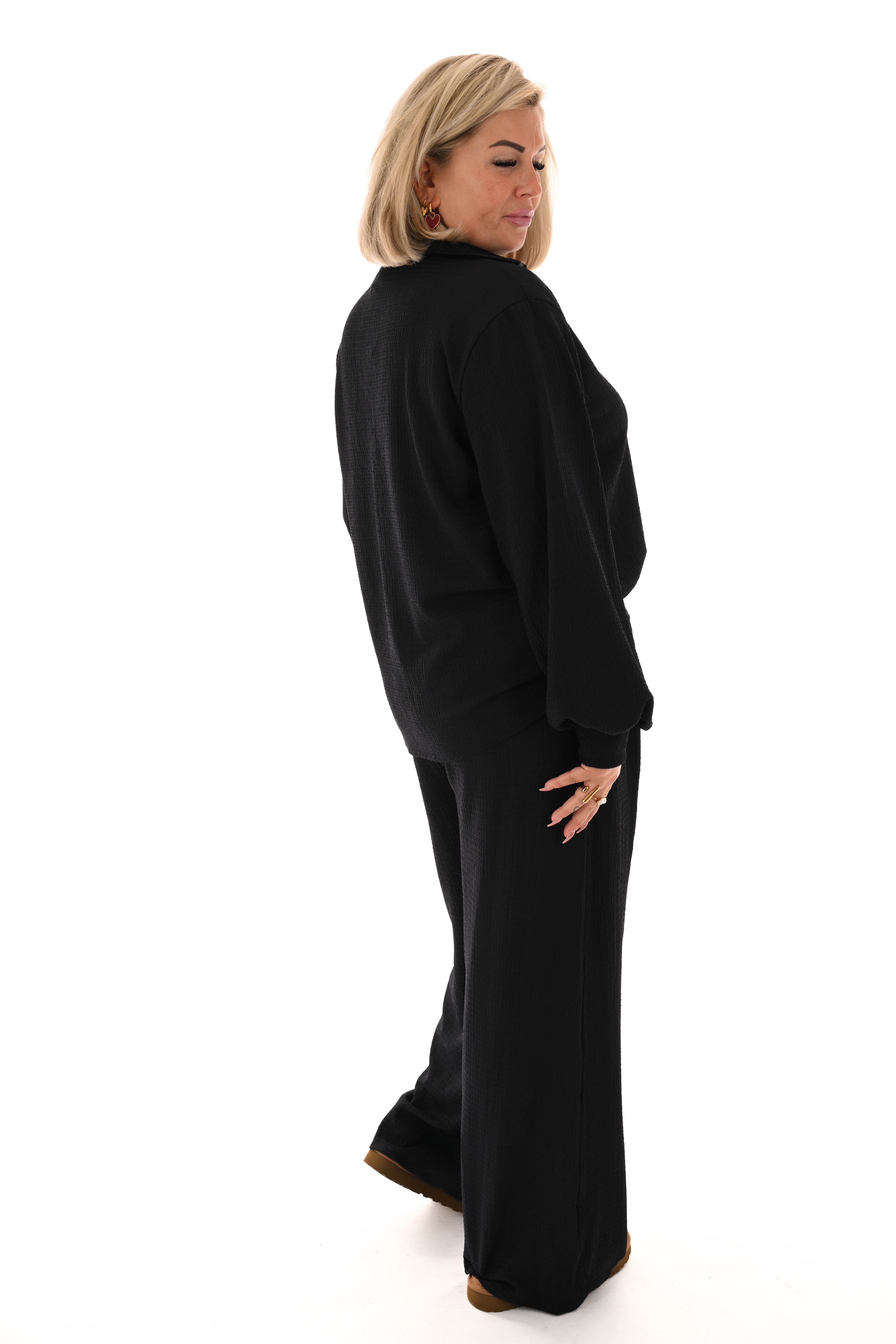 Tweedelig crepe pak v-hals met kraag marineblauw