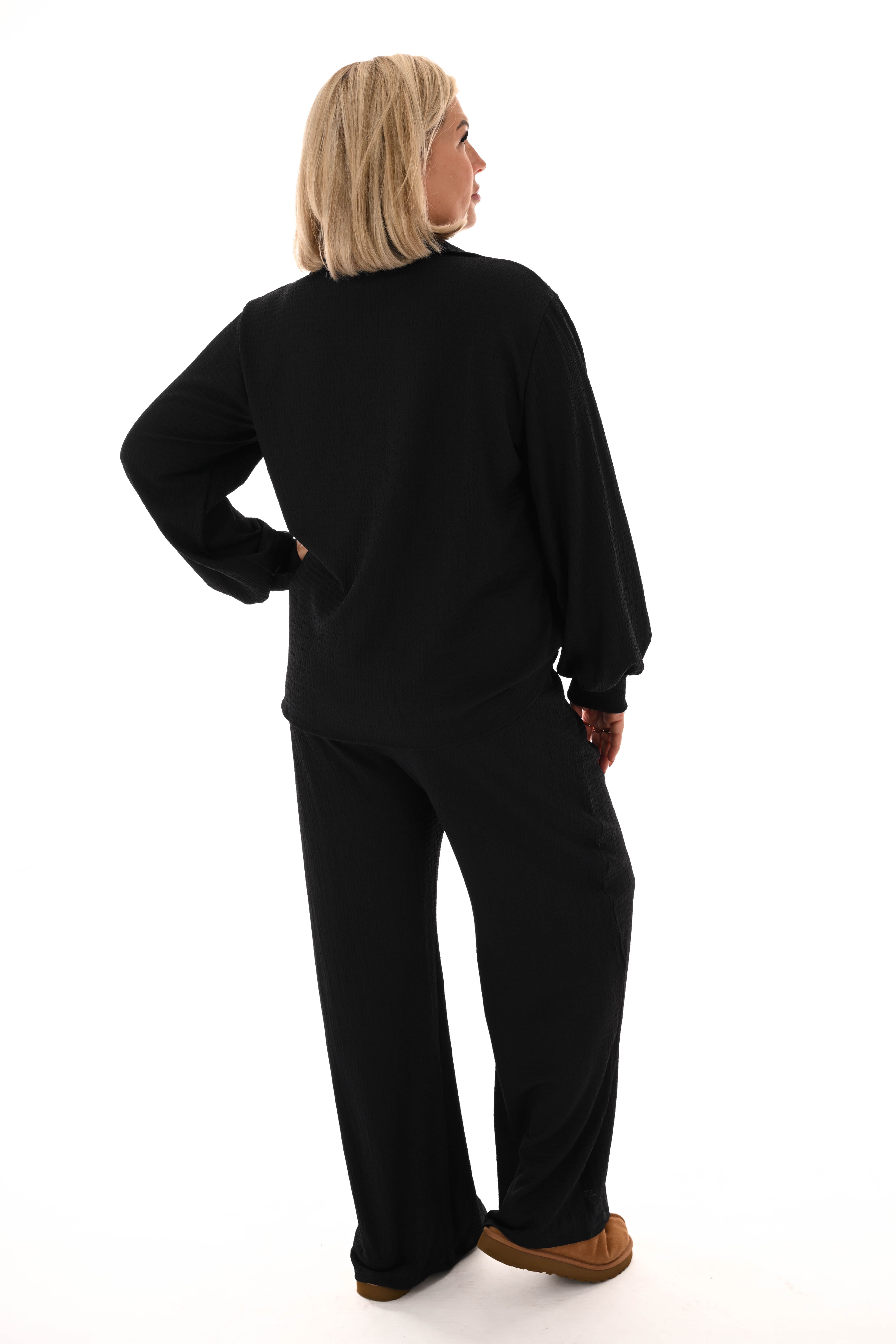 Tweedelig crepe pak v-hals met kraag marineblauw