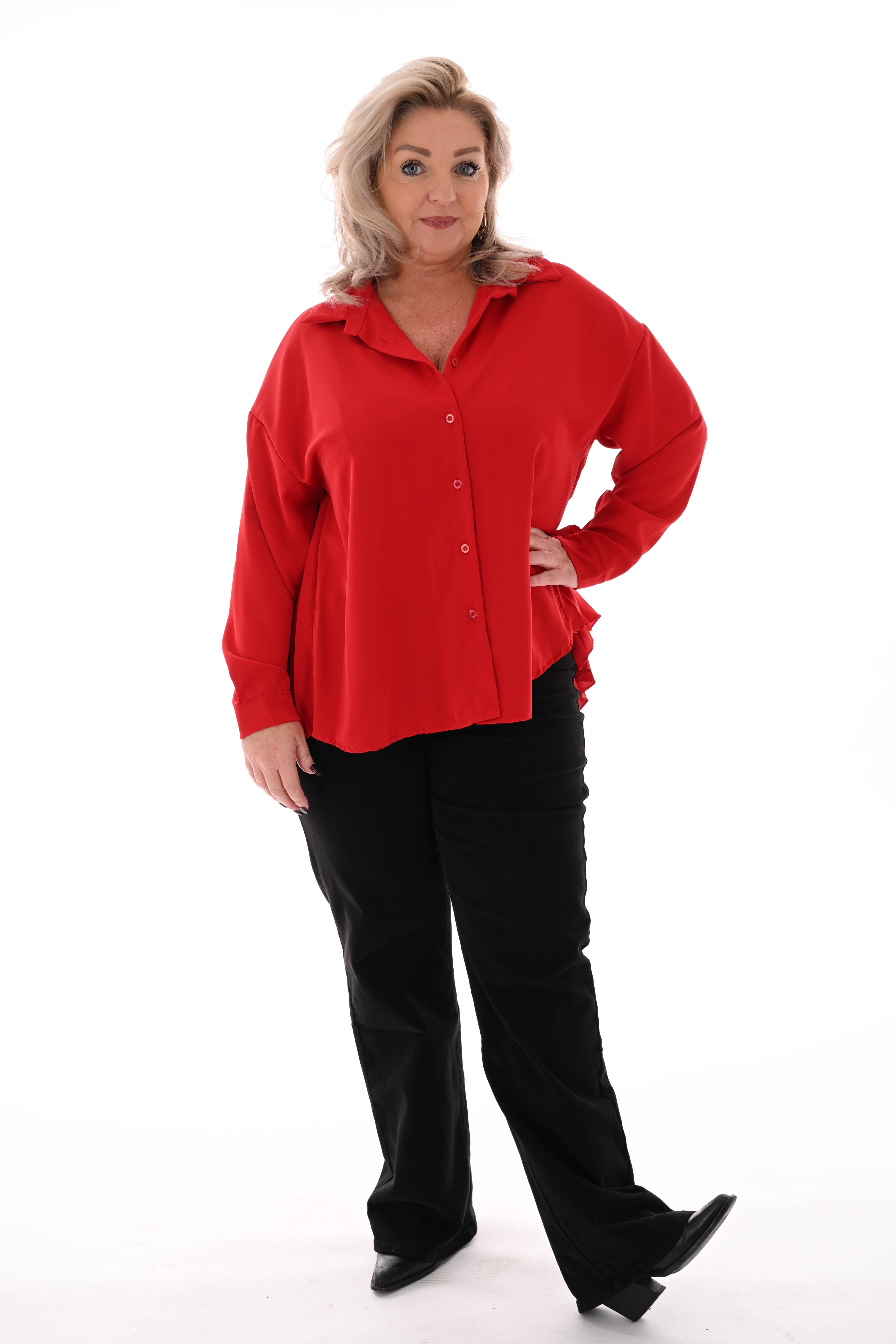 Doorknoop blouse uni plisse rug rood