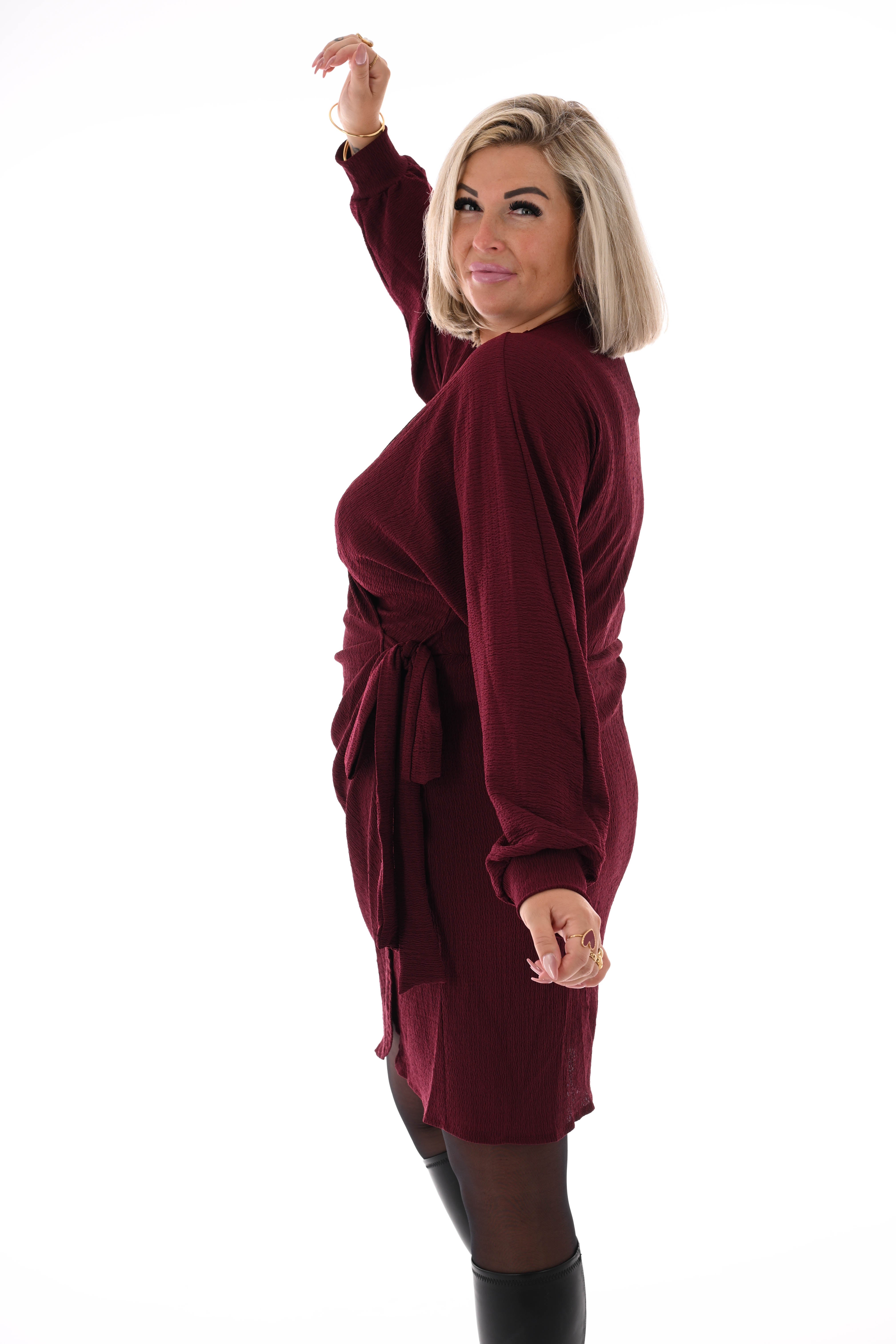 Korte jurk crepe met strik bordeaux