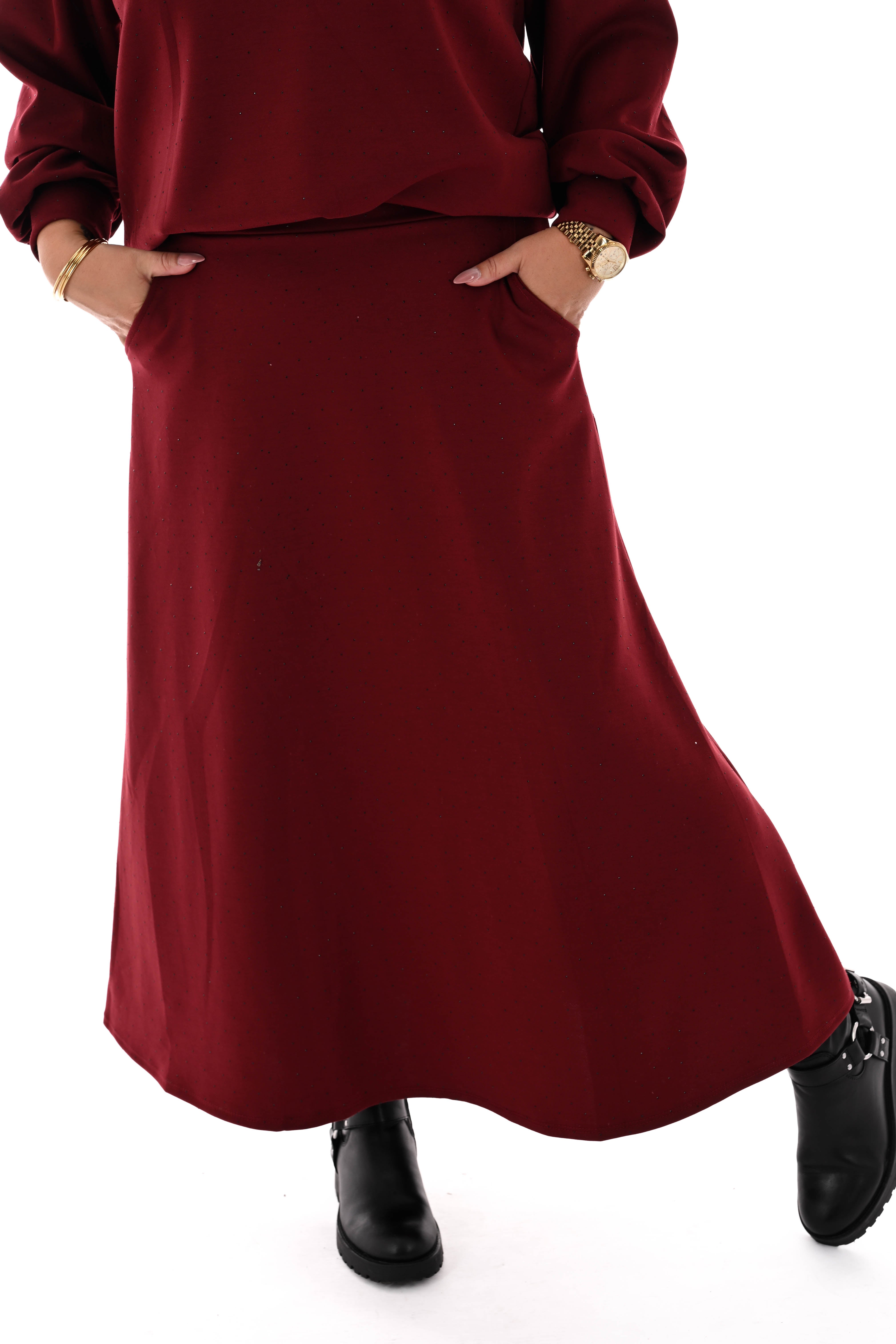 Tweedelig set sweater en rok strass bordeaux