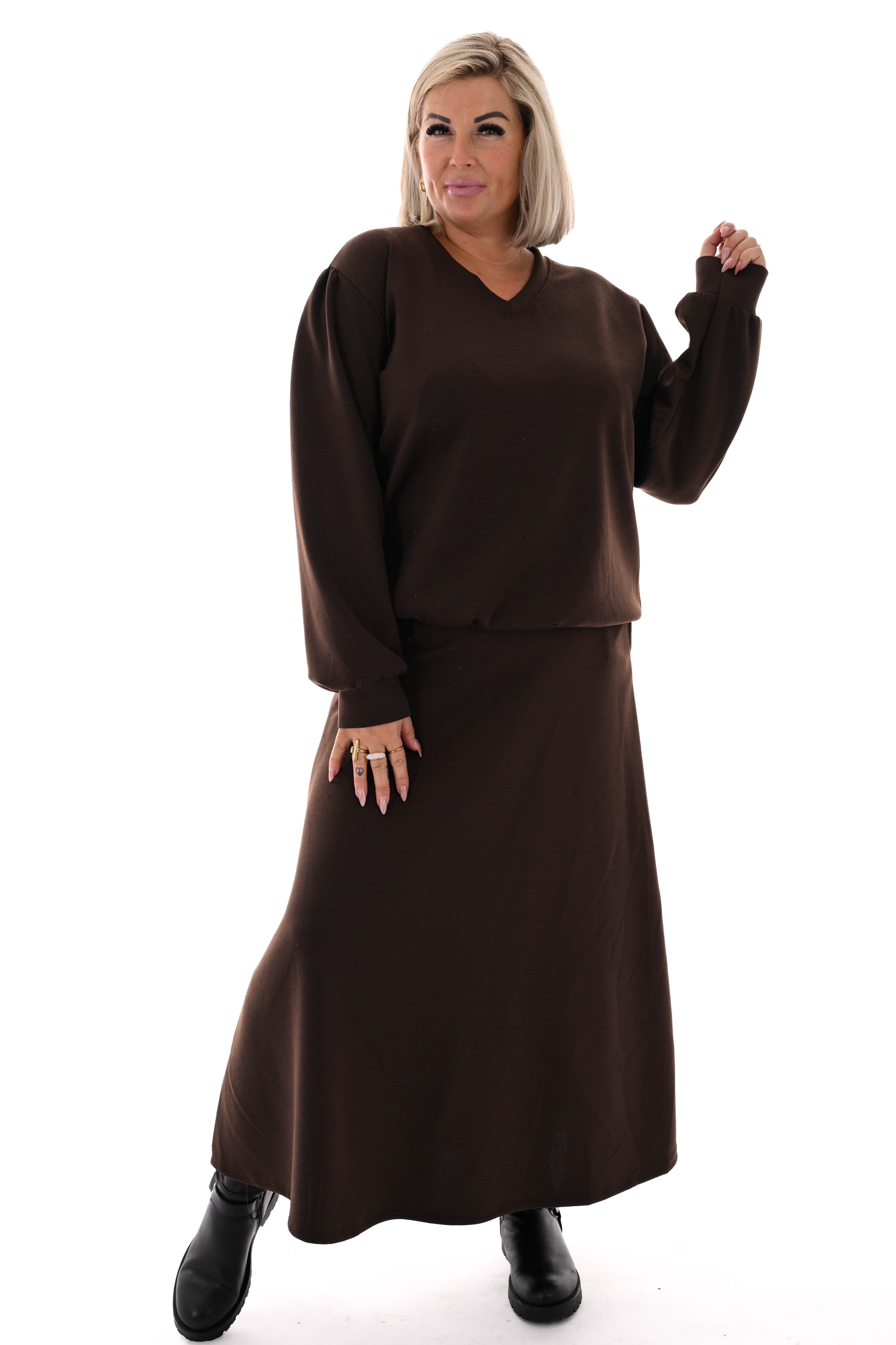 Tweedelig set sweater en rok strass donkerbruin