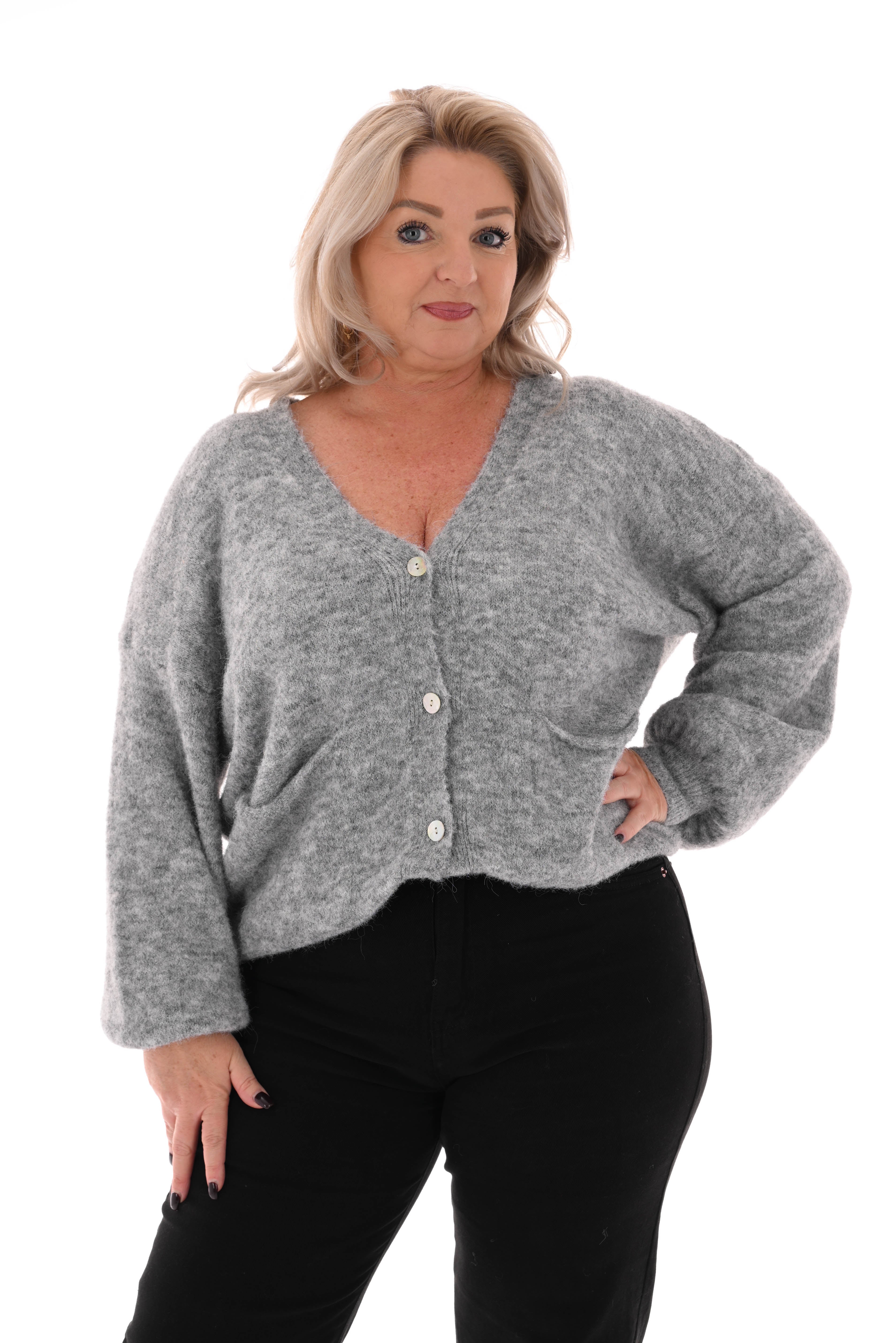 Kort gebreid vest pofmouwen grijs