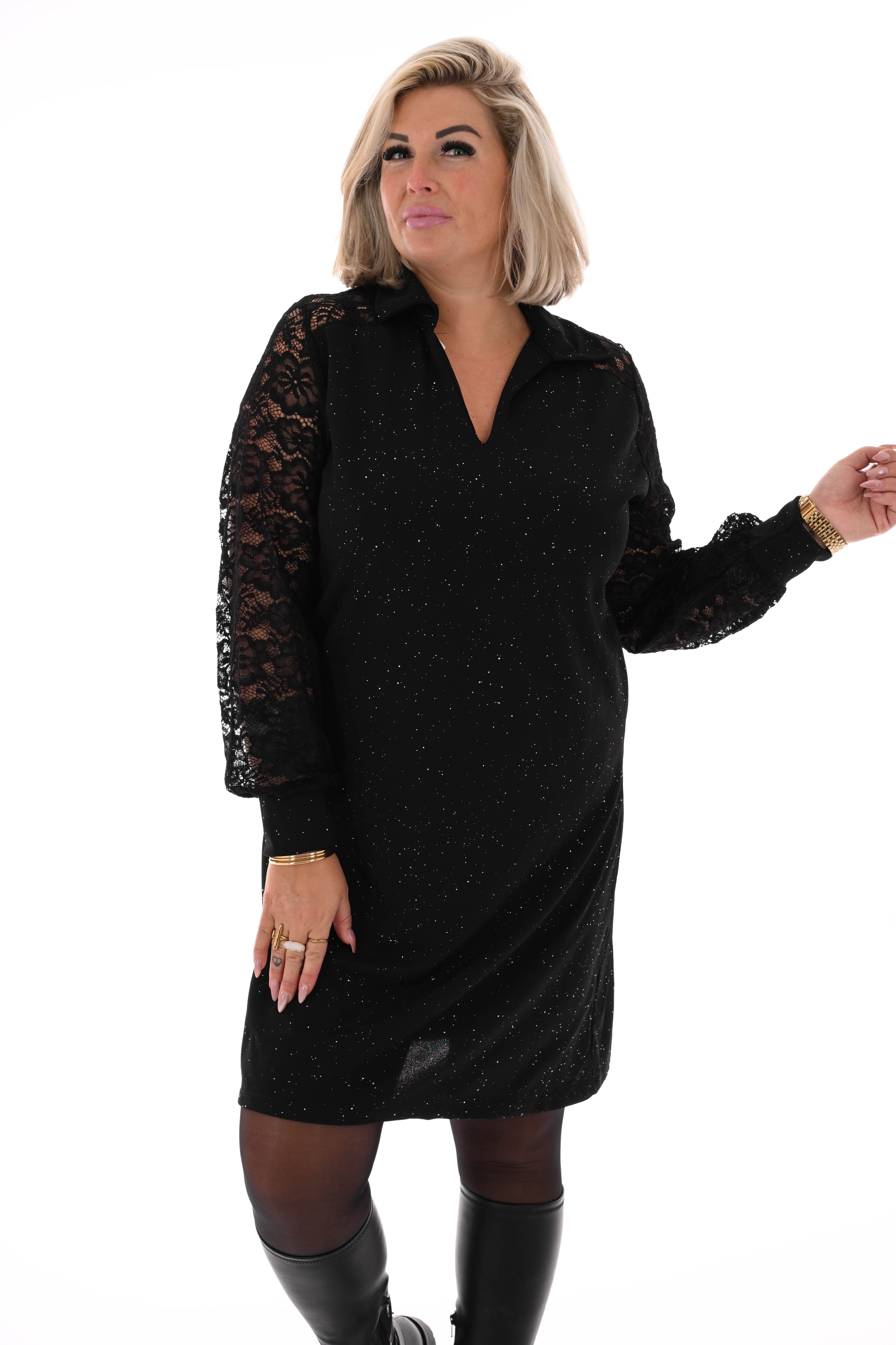 Korte jurk glitter met kanten mouwen zwart