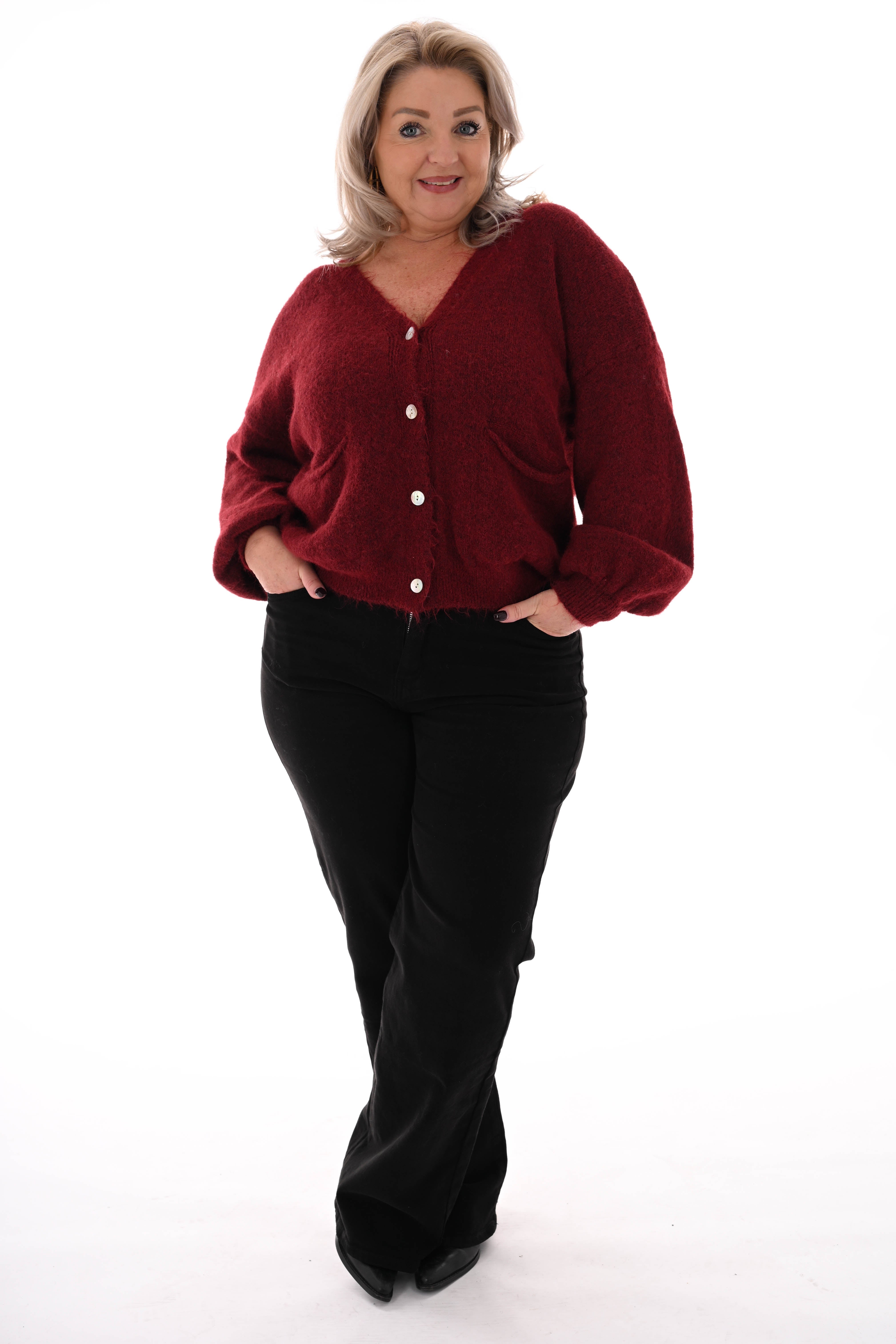 Kort gebreid vest pofmouwen bordeaux