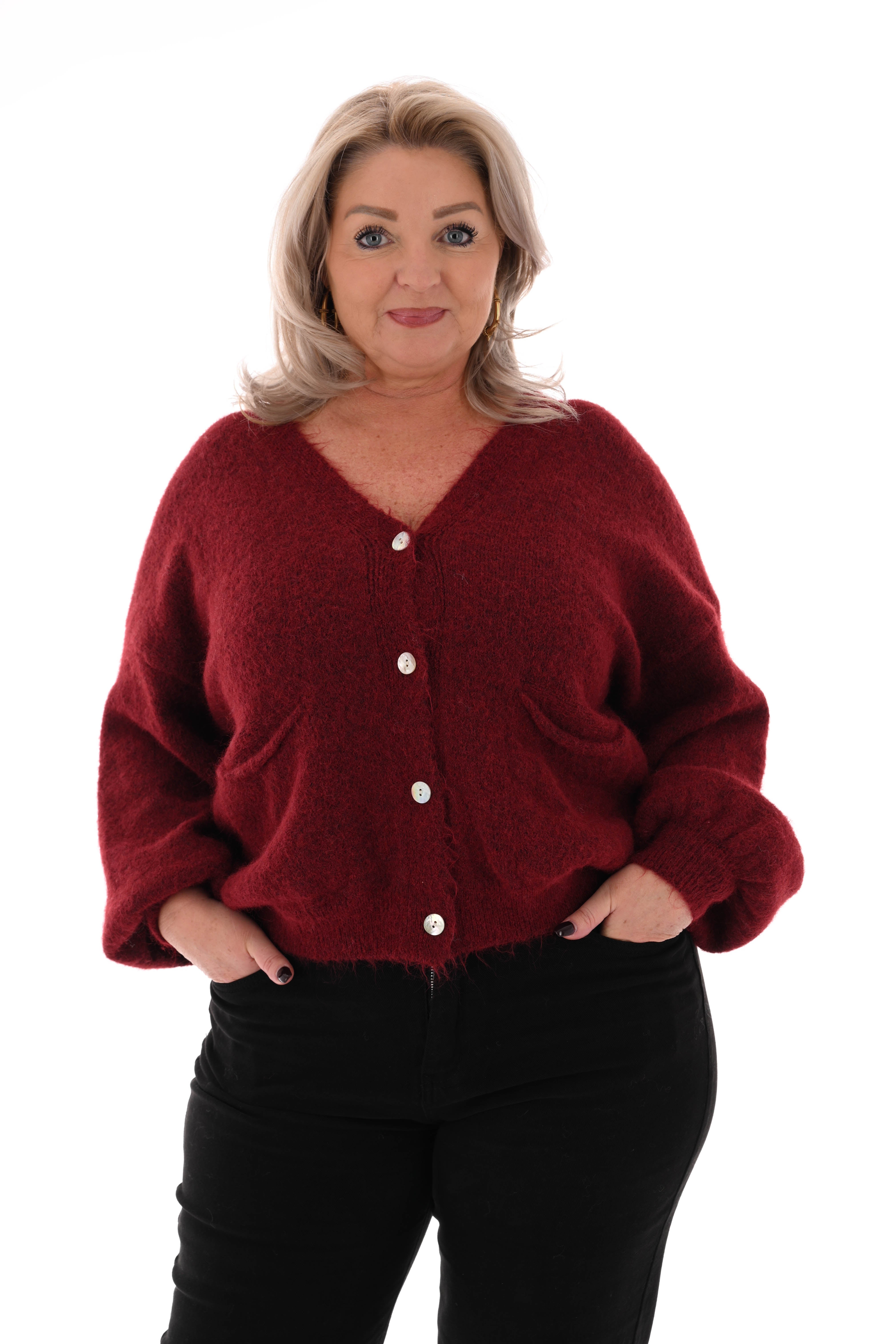 Kort gebreid vest pofmouwen bordeaux