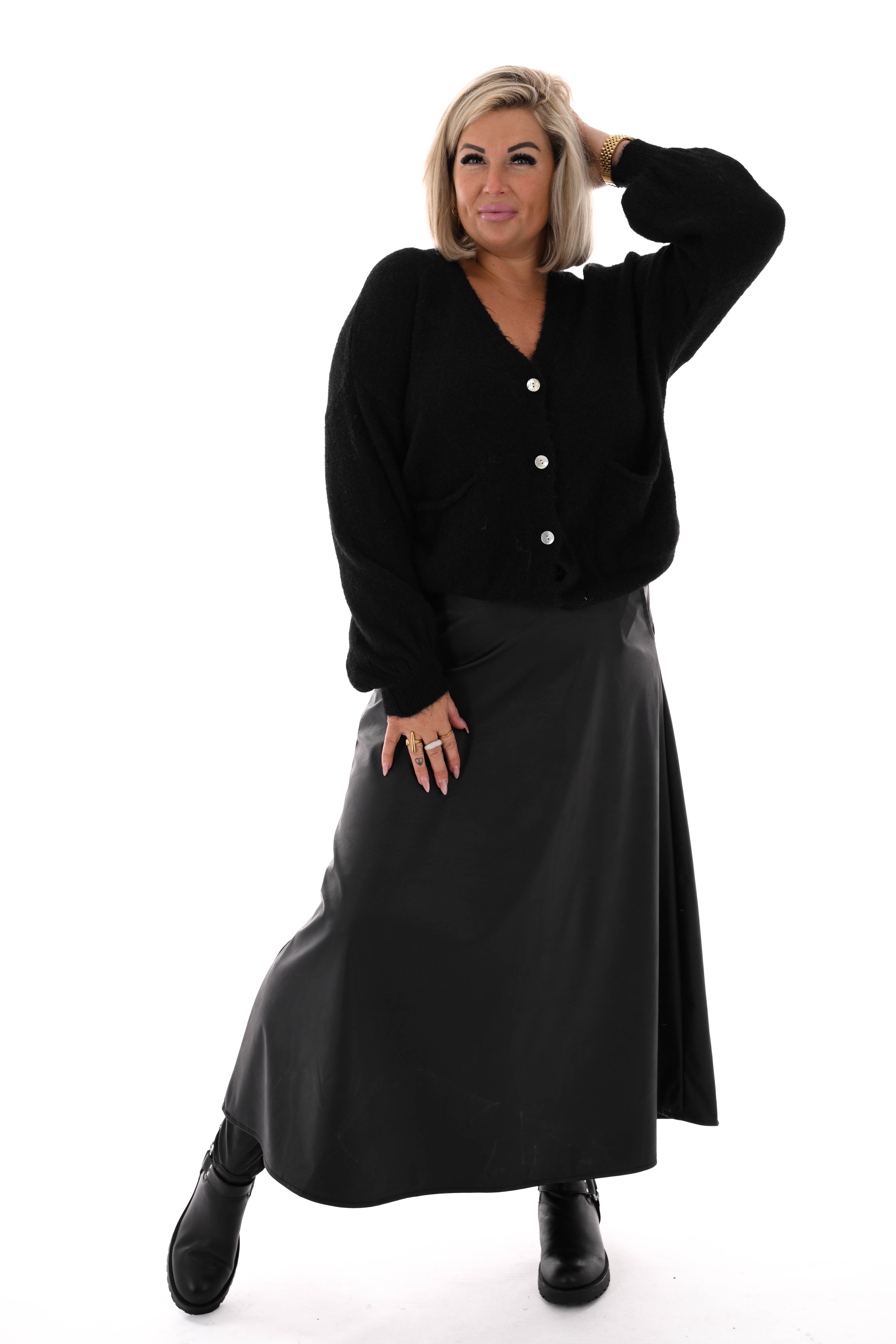 Lange leatherlook rok zwart