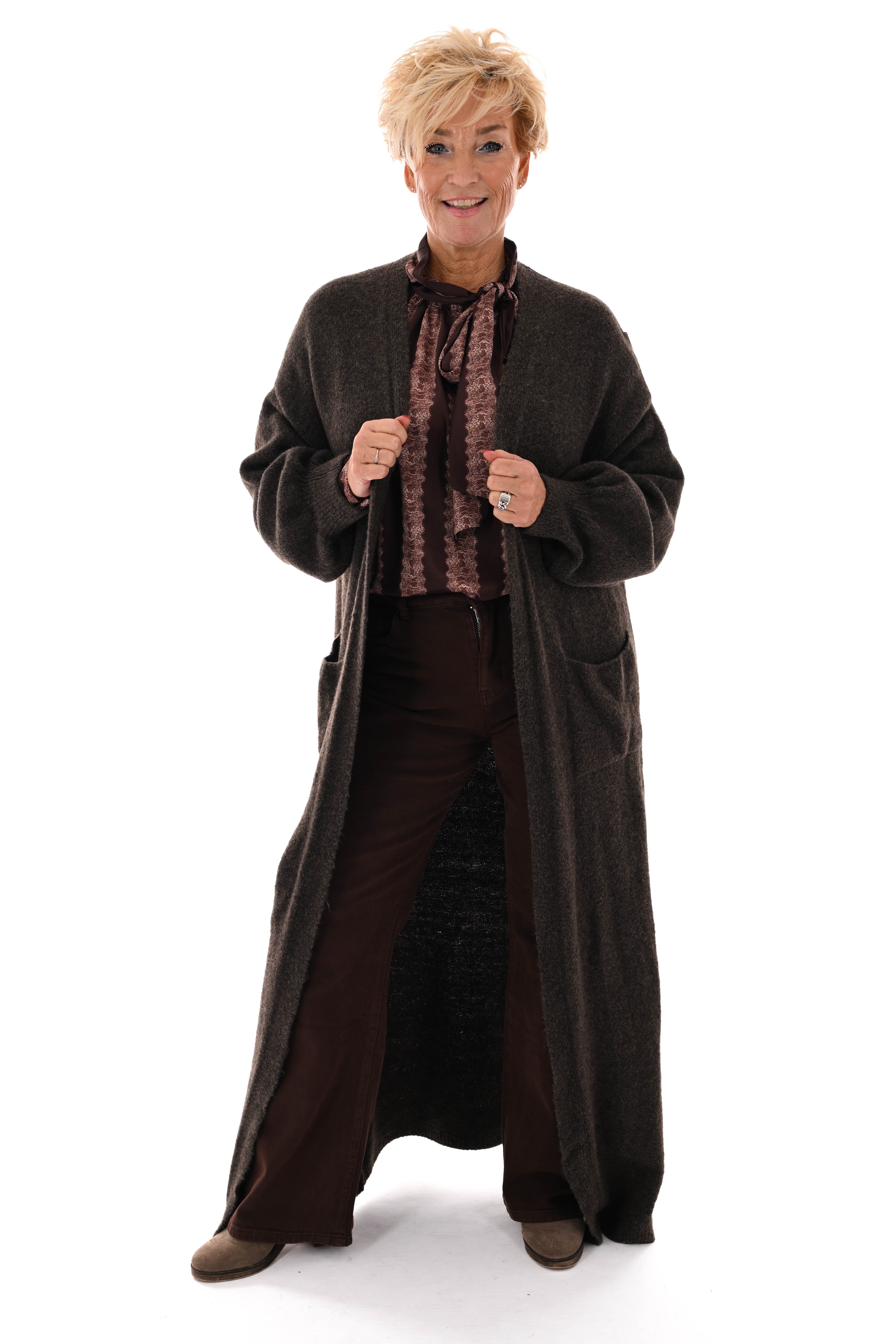 Lang vest fijn gebreid donkerbruin