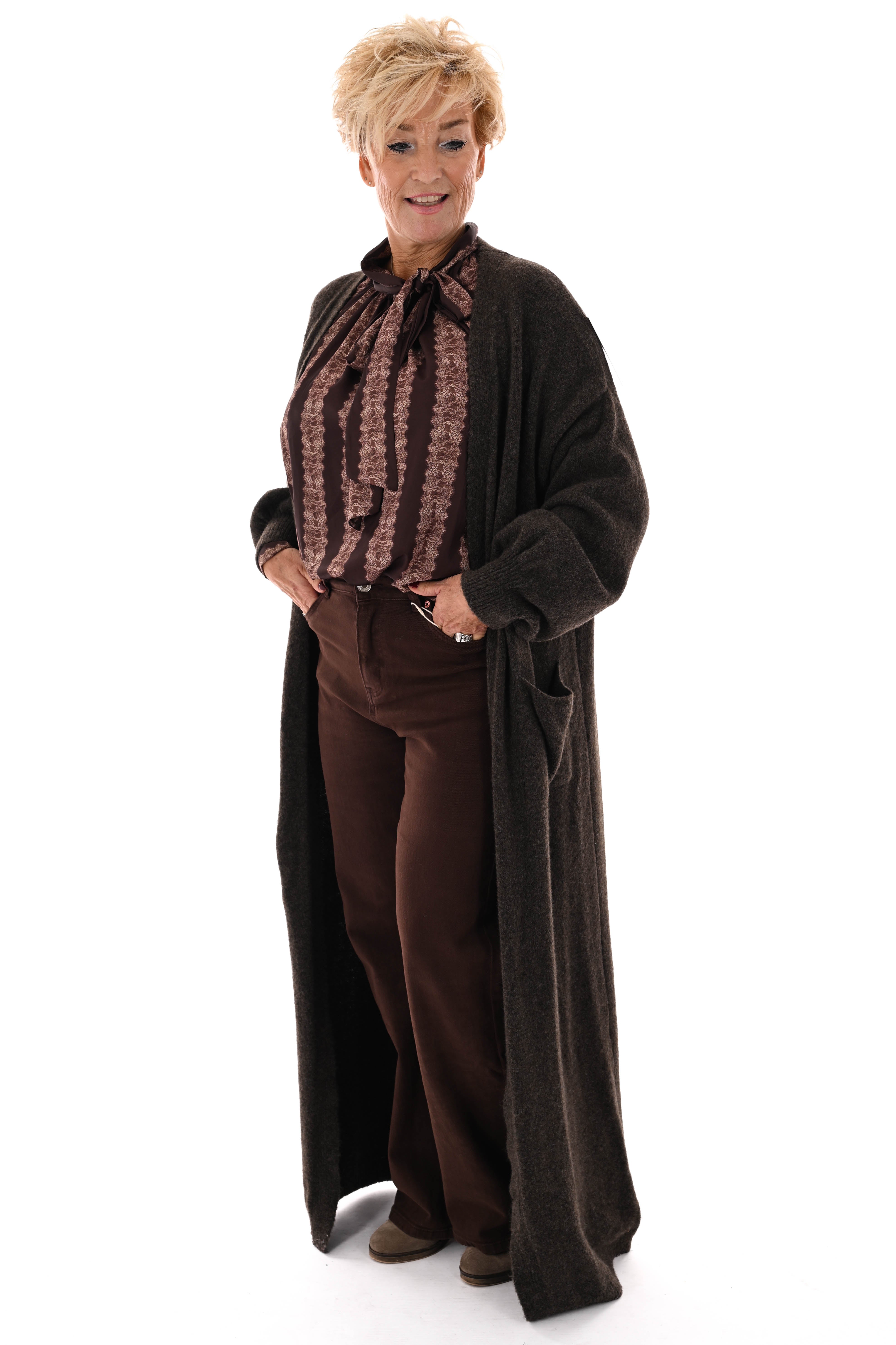 Lang vest fijn gebreid donkerbruin