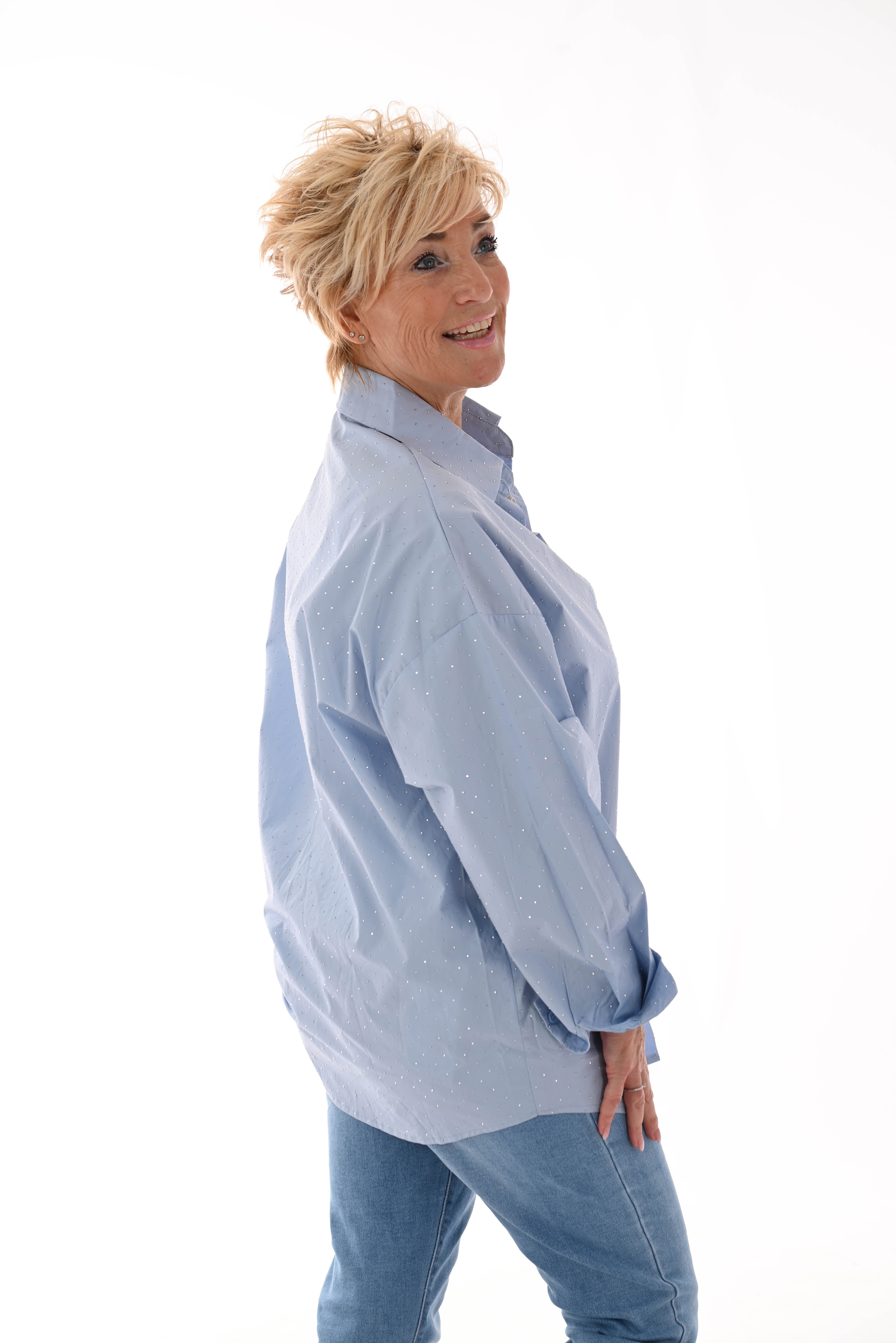 Doorknoop blouse strass blauw