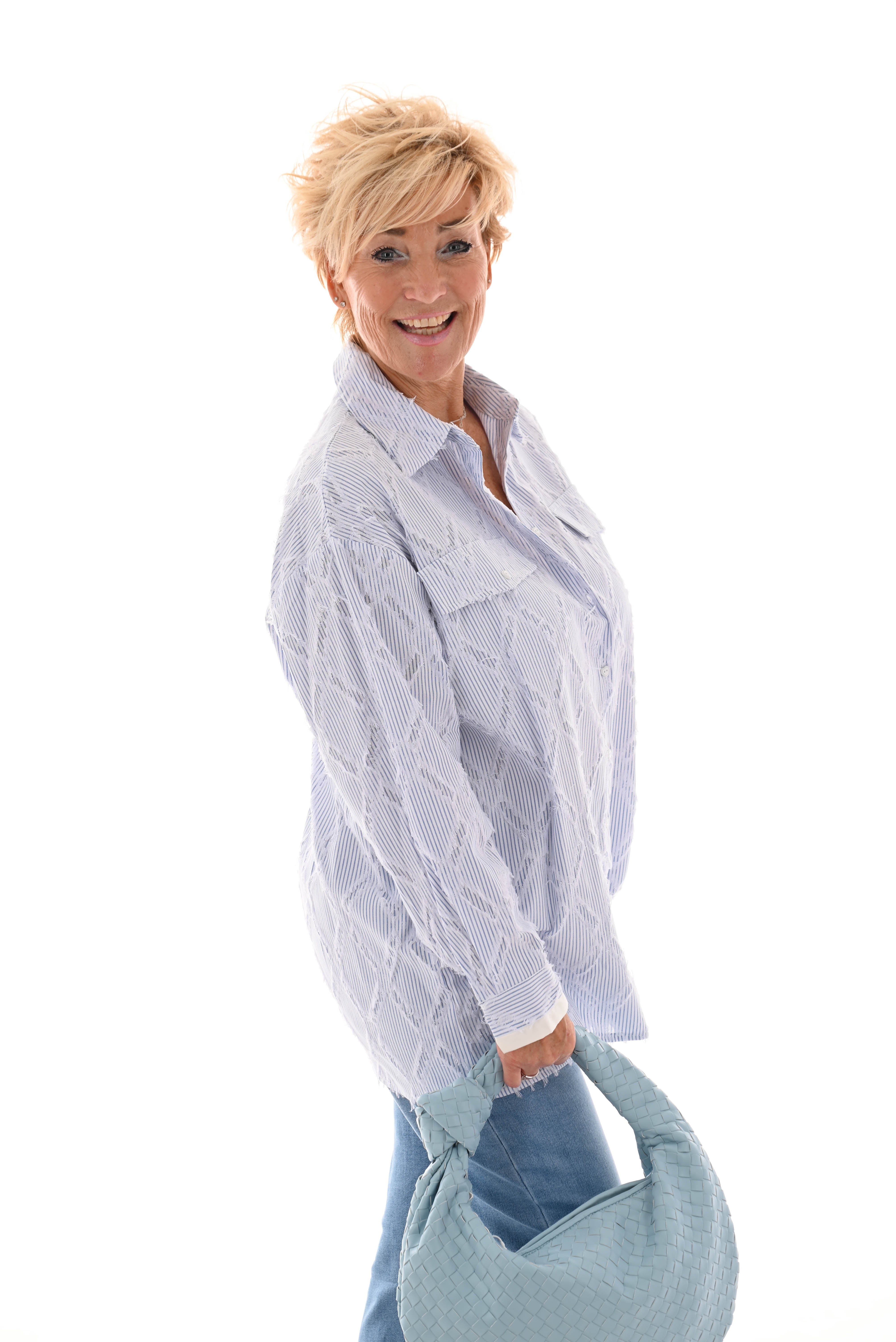 Gestreepte blouse ruit rafels wit/blauw