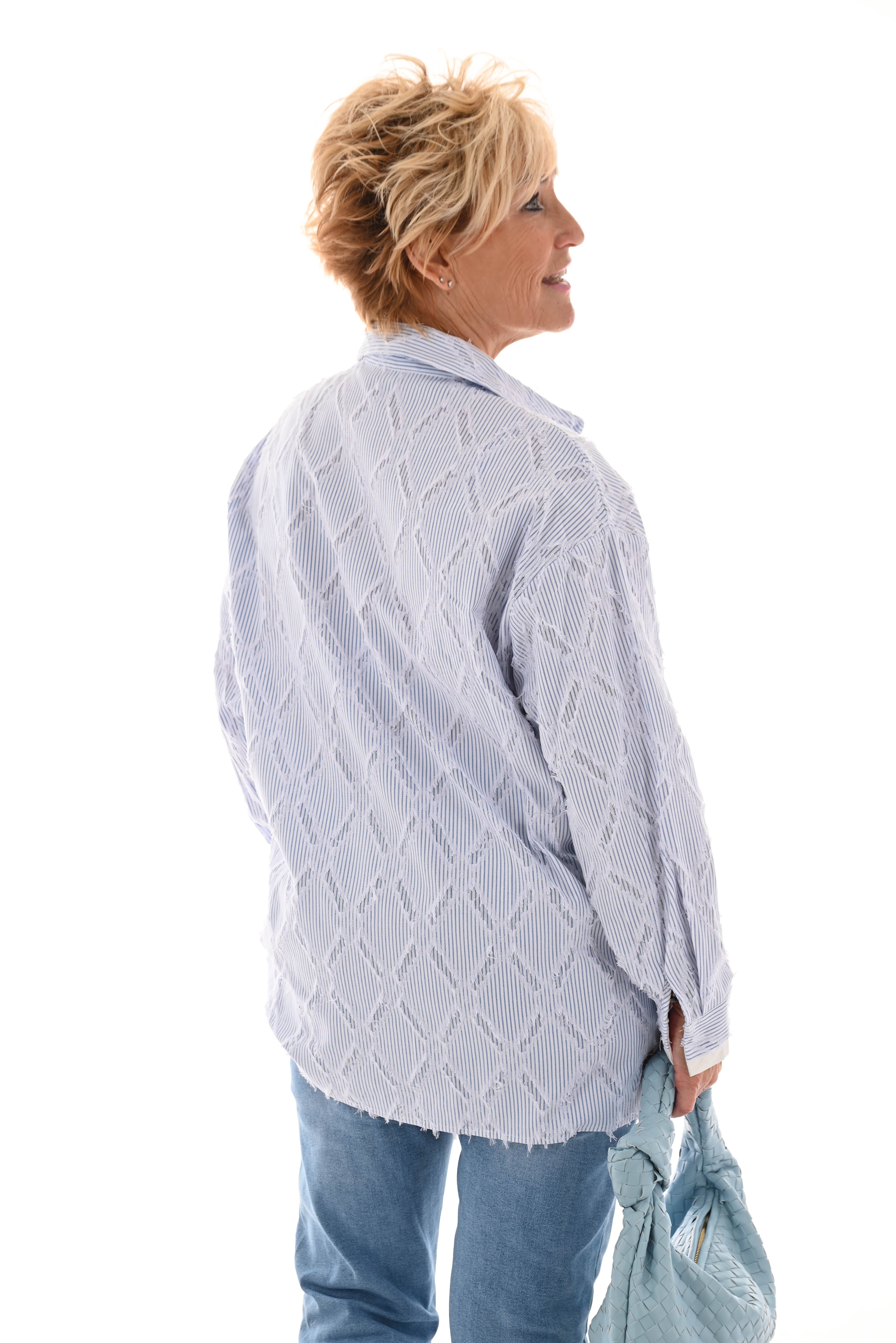 Gestreepte blouse ruit rafels wit/blauw