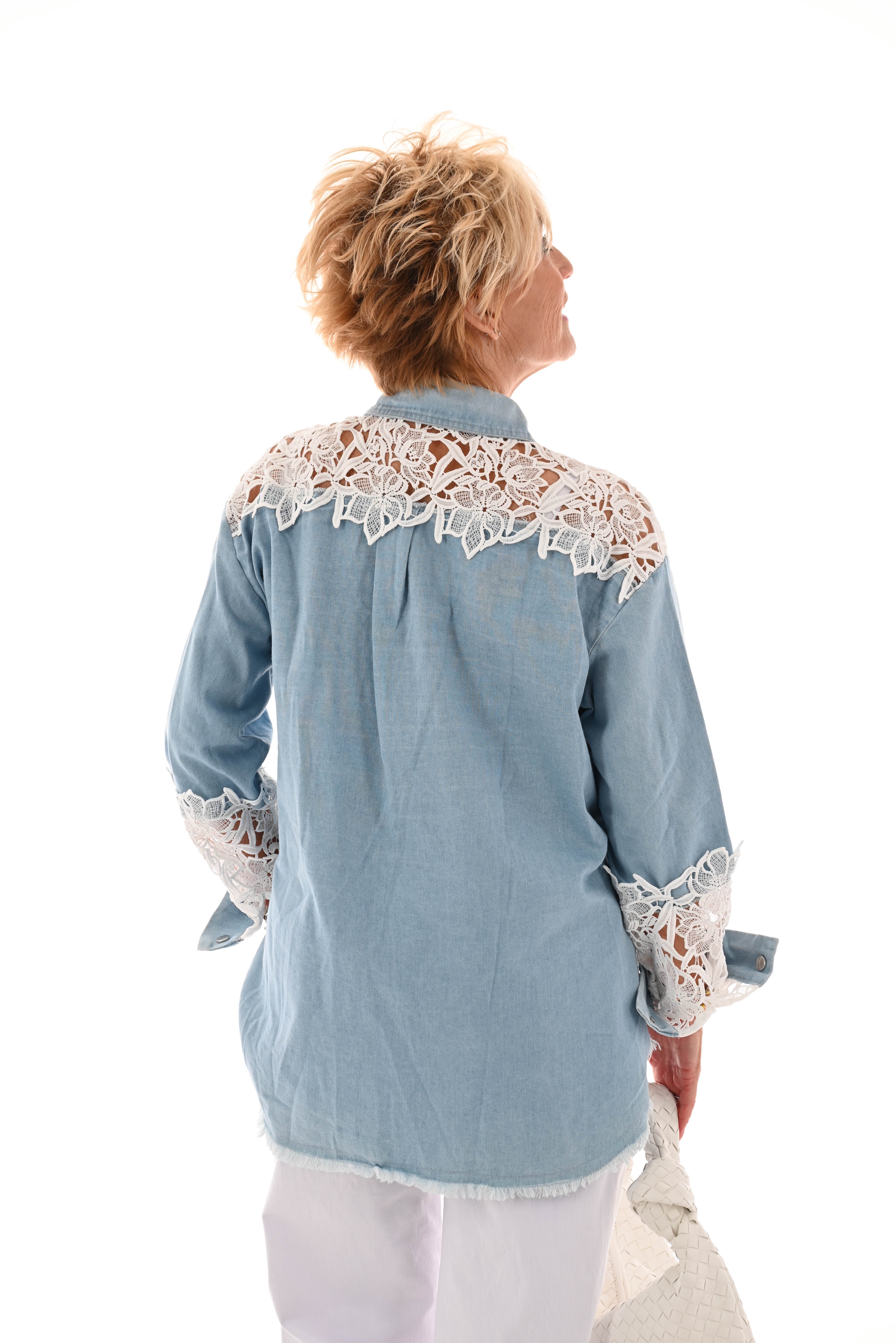 Spijkerblouse kanten schouders blauw