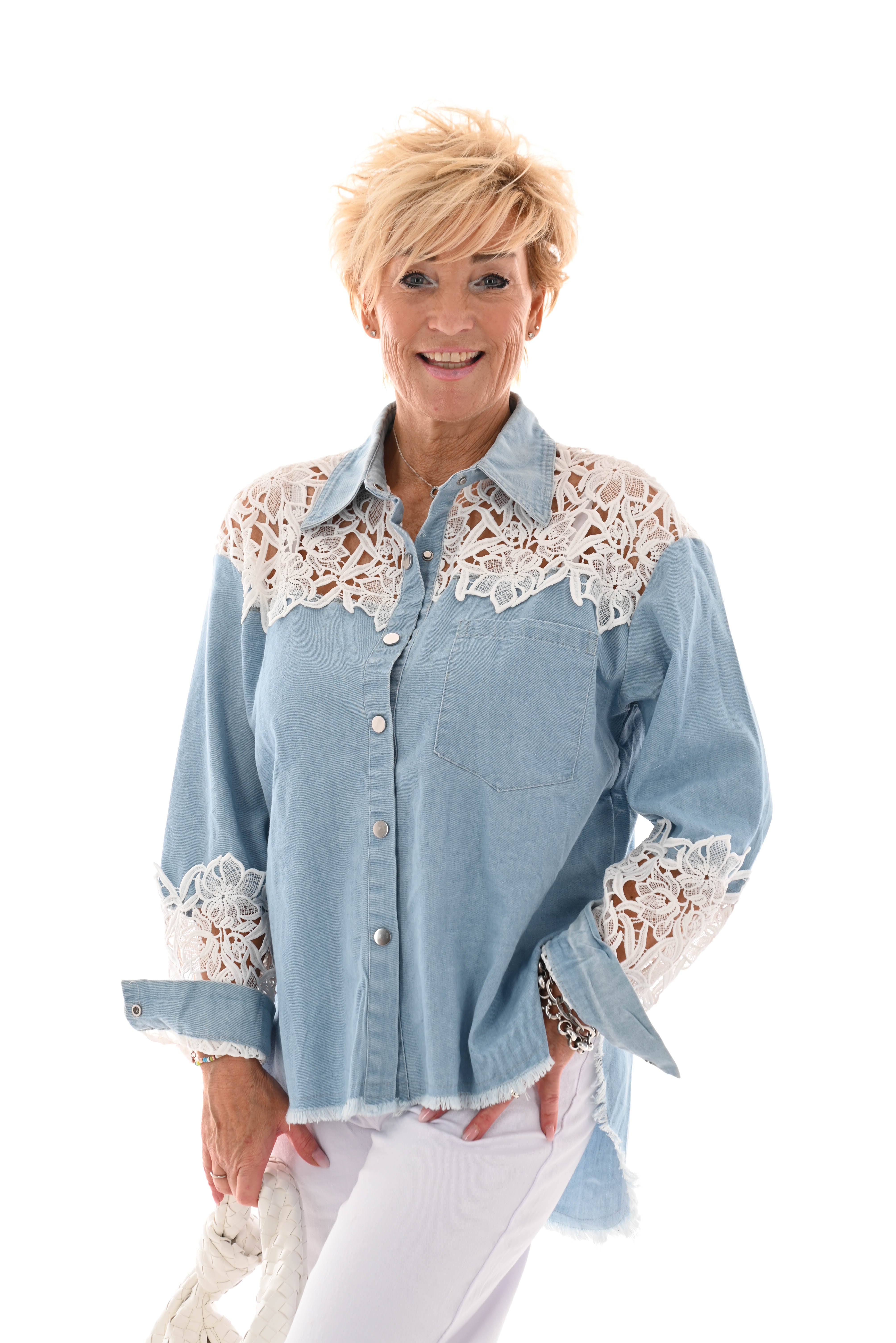 Spijkerblouse kanten schouders blauw