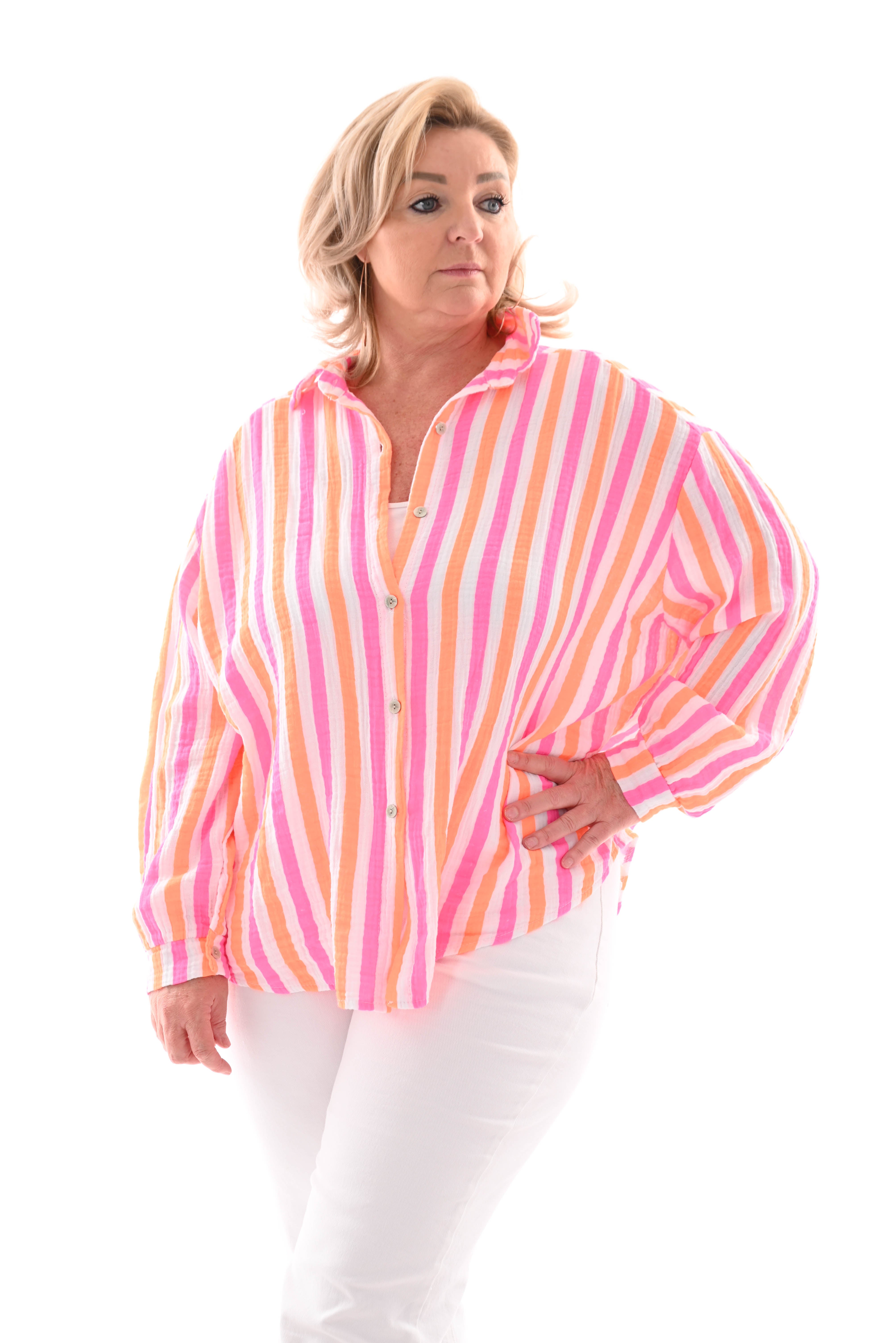 Korte doorknoop wafel blouse strepen felroze/neonoranje