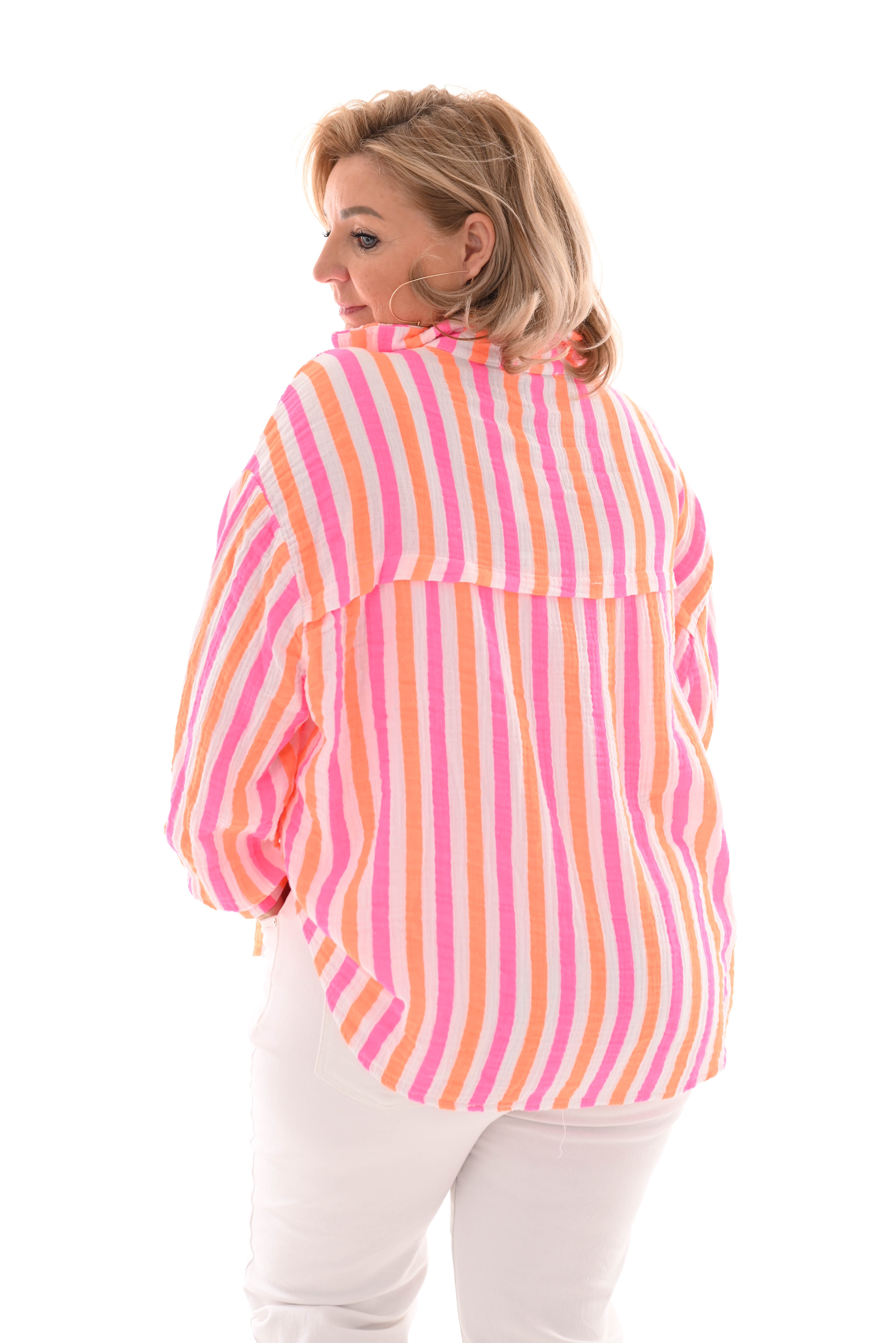 Korte doorknoop wafel blouse strepen felroze/neonoranje