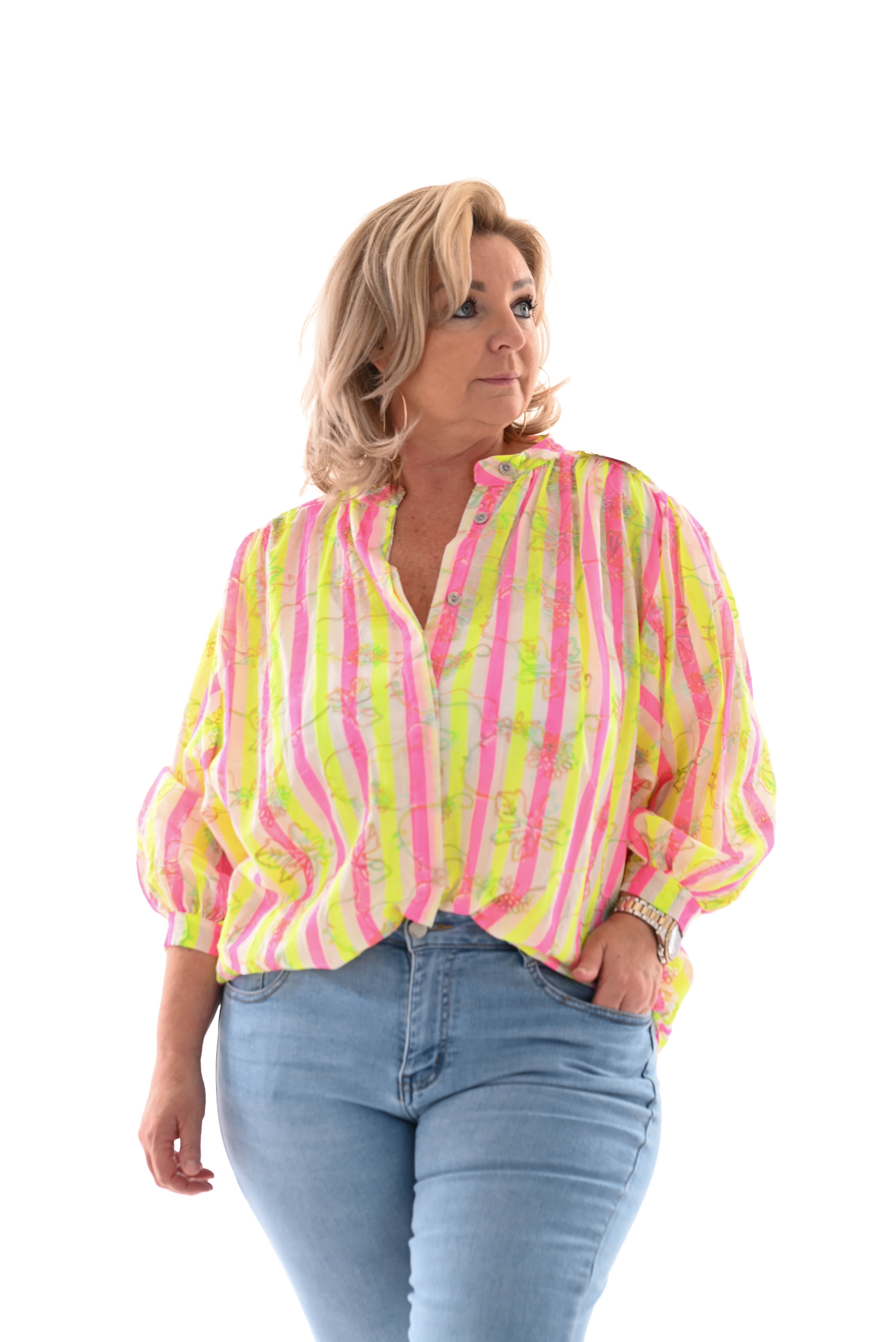 Top gestreept bloemen felroze/neon geel