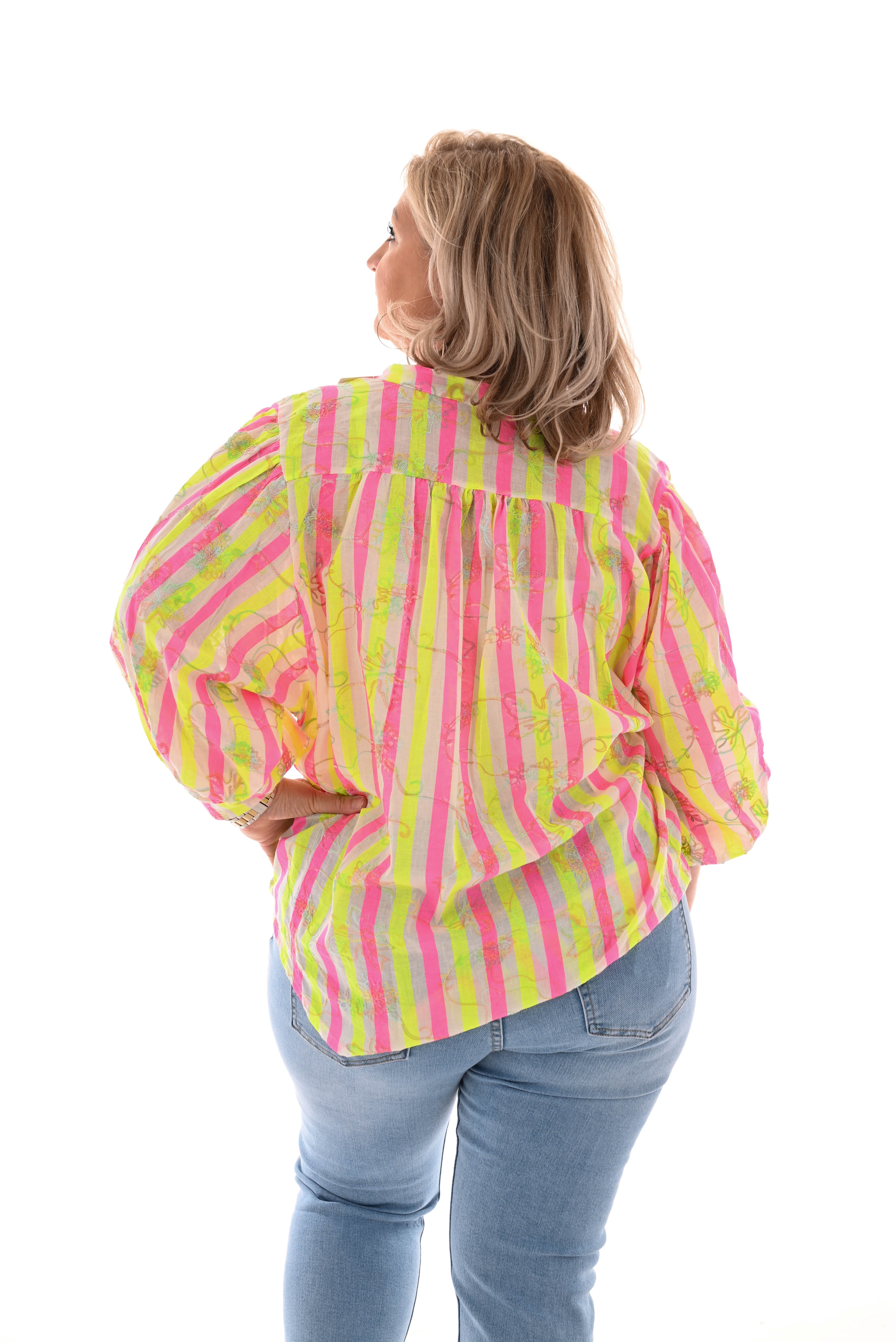 Top gestreept bloemen felroze/neon geel