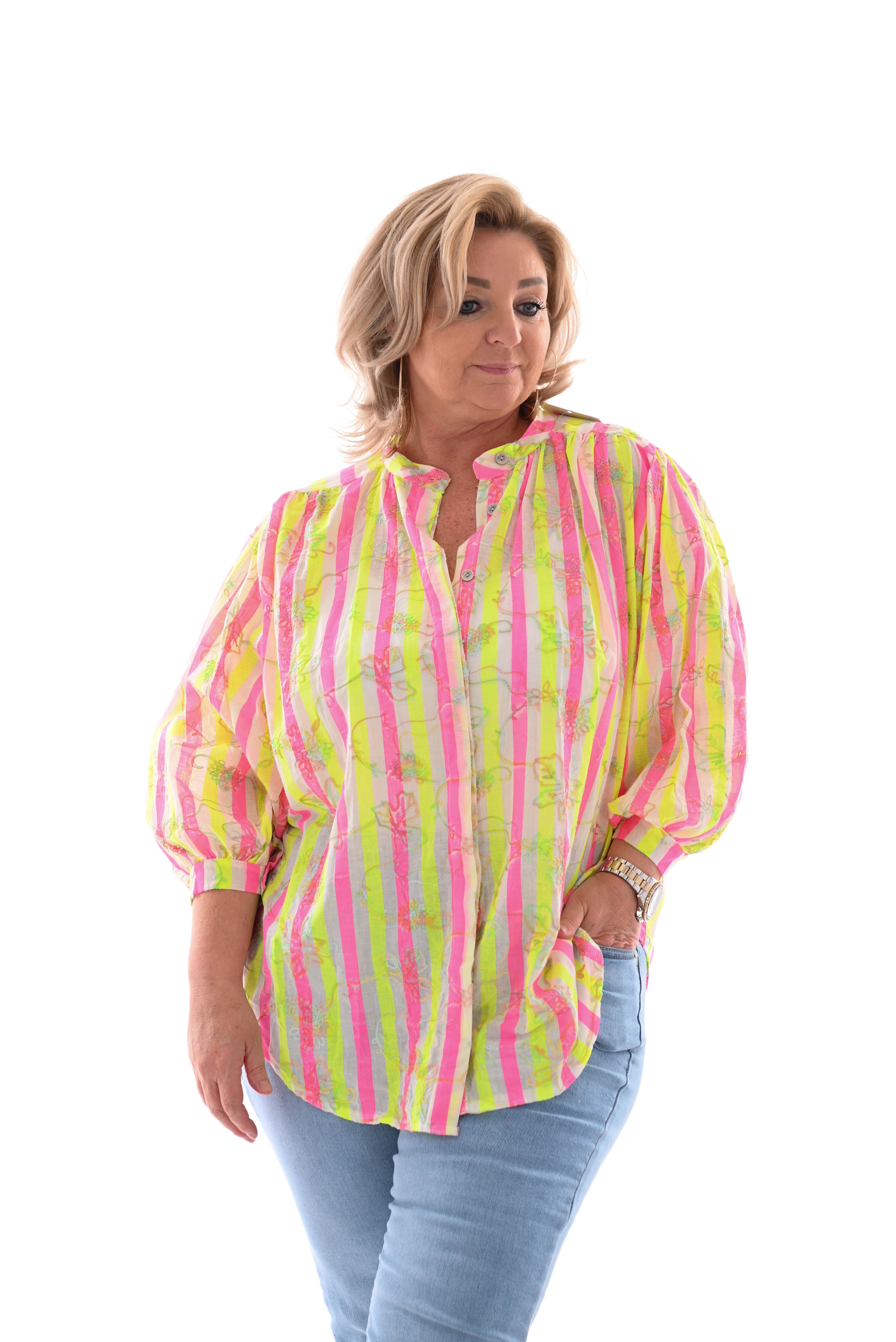 Top gestreept bloemen felroze/neon geel