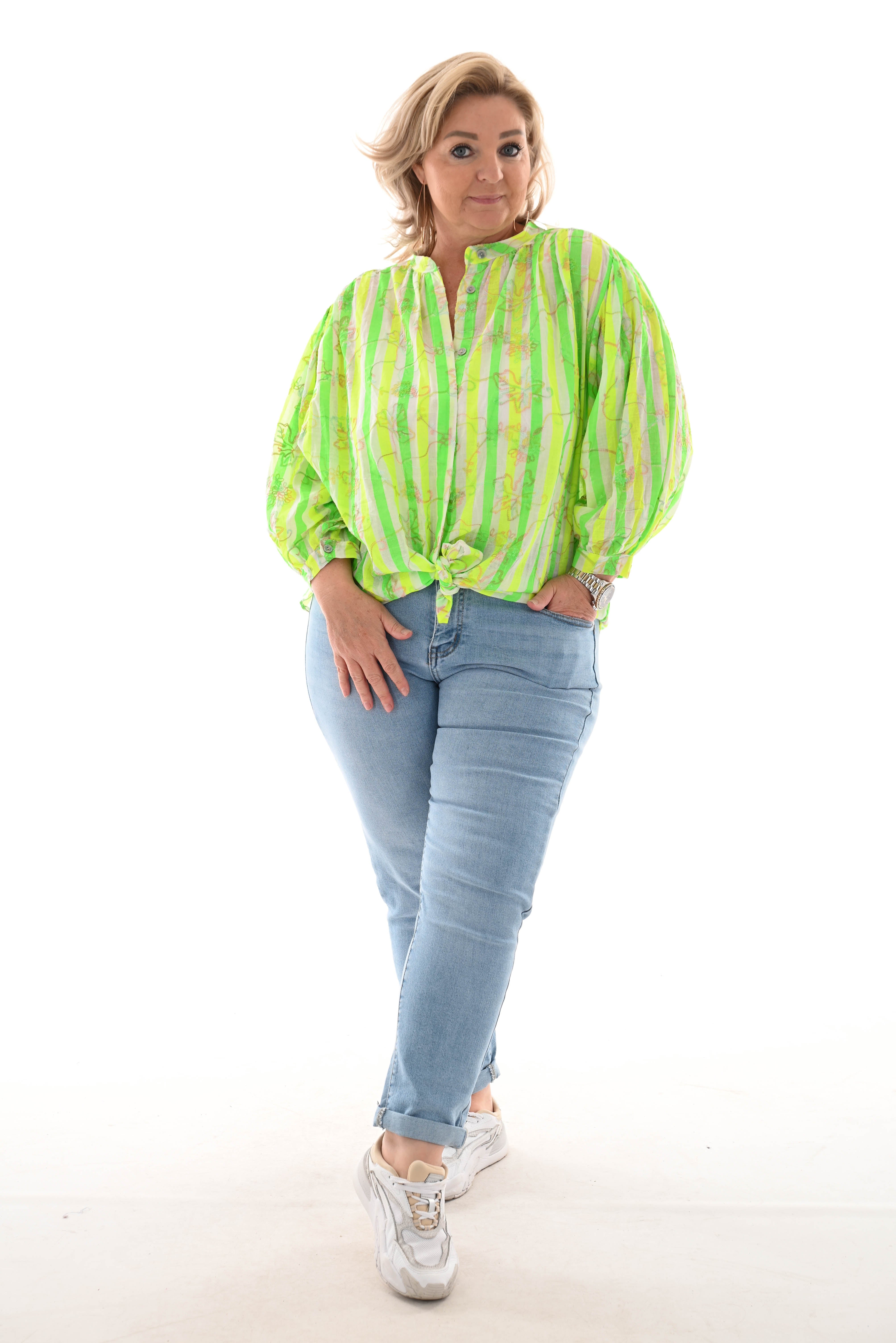 Top gestreept bloemen felgroen/neon geel