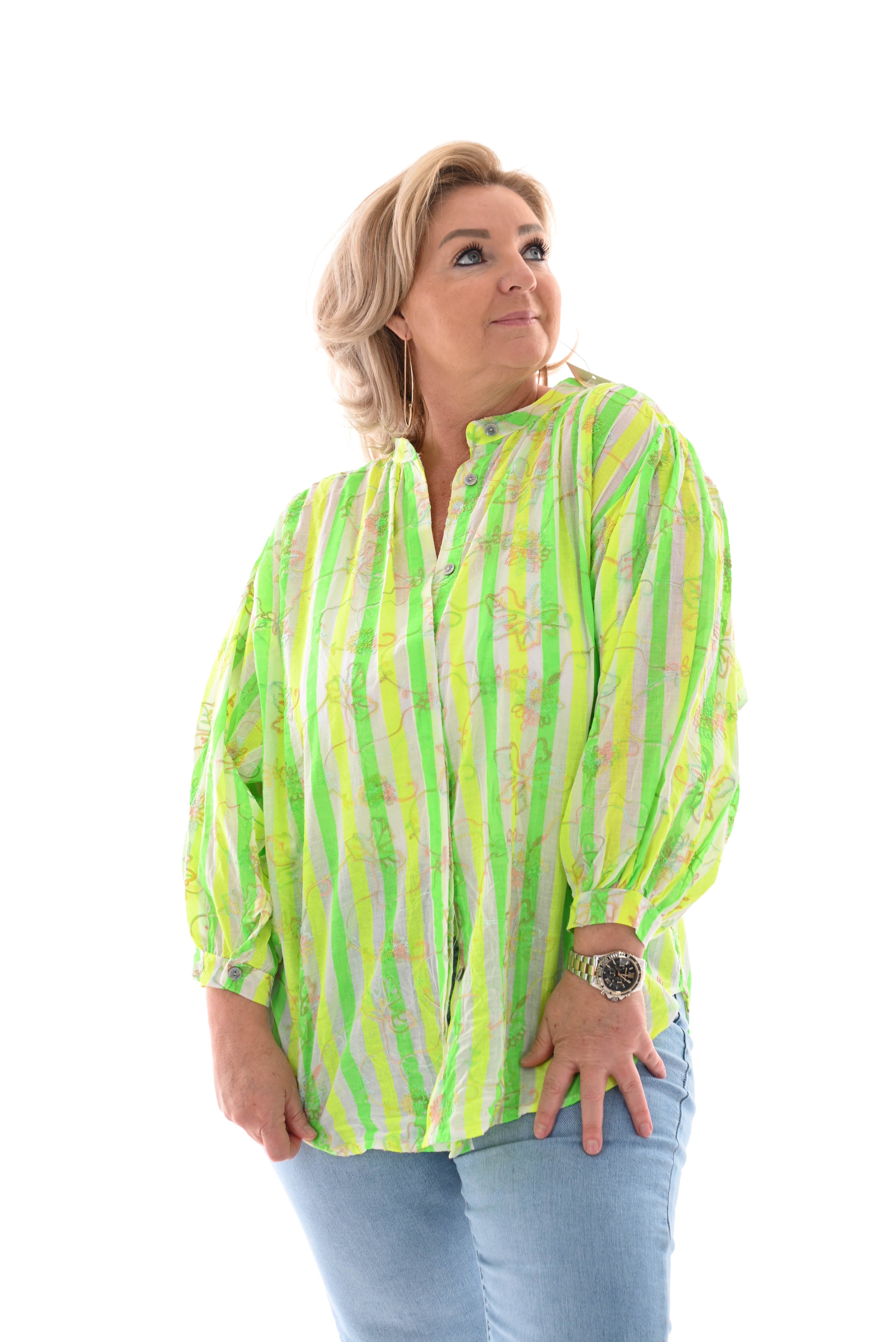 Top gestreept bloemen felgroen/neon geel