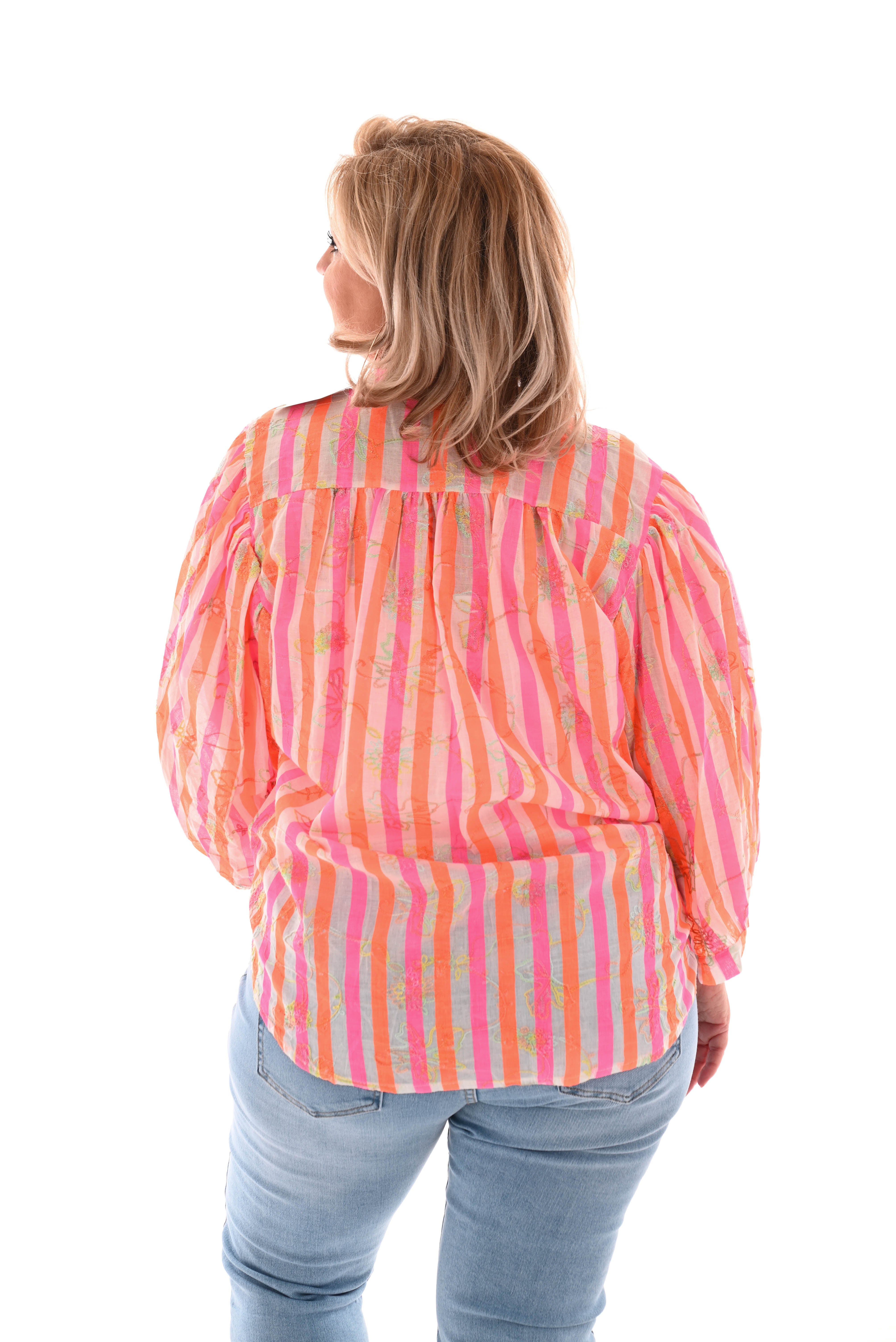 Top gestreept bloemen felroze/neon oranje