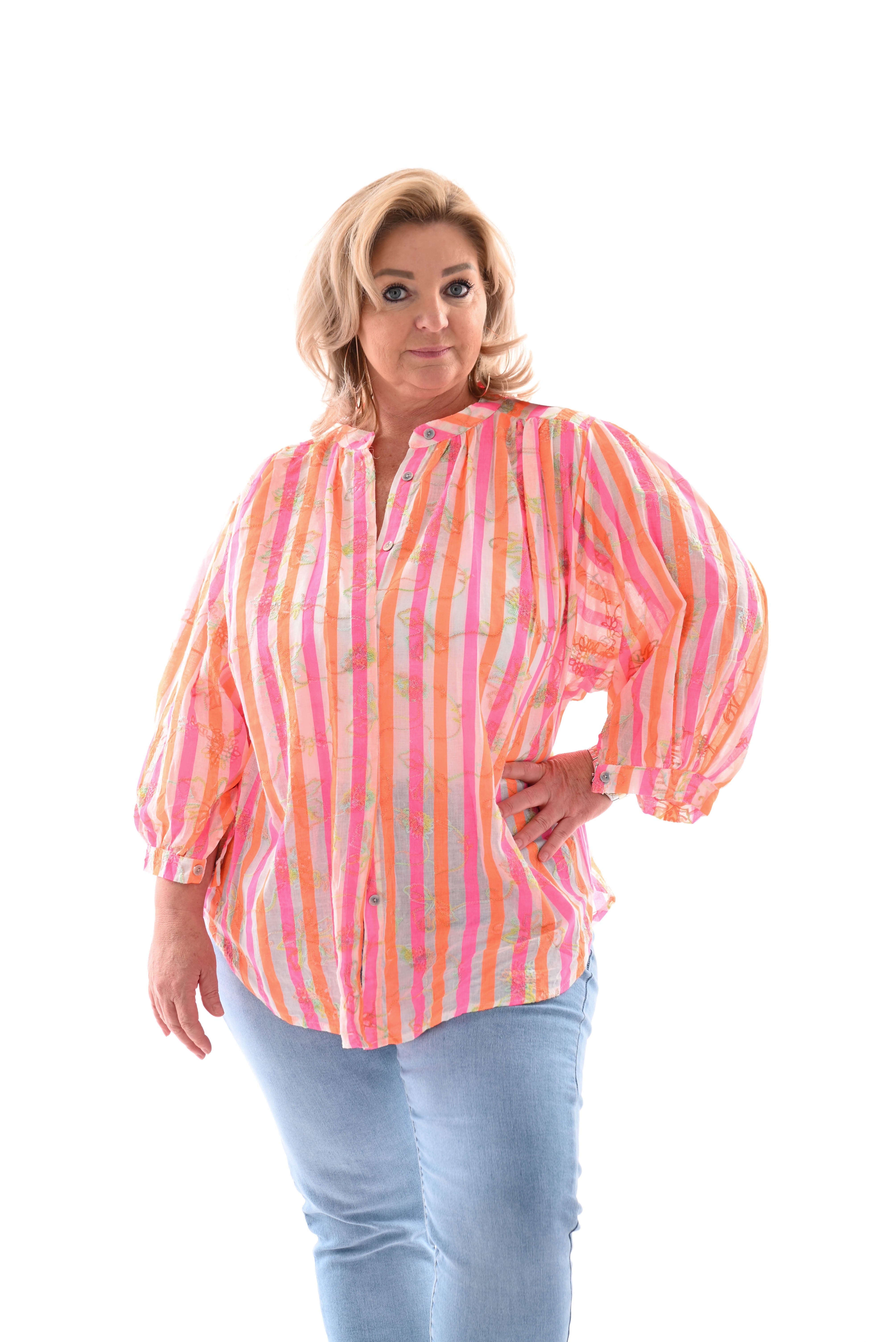 Top gestreept bloemen felroze/neon oranje