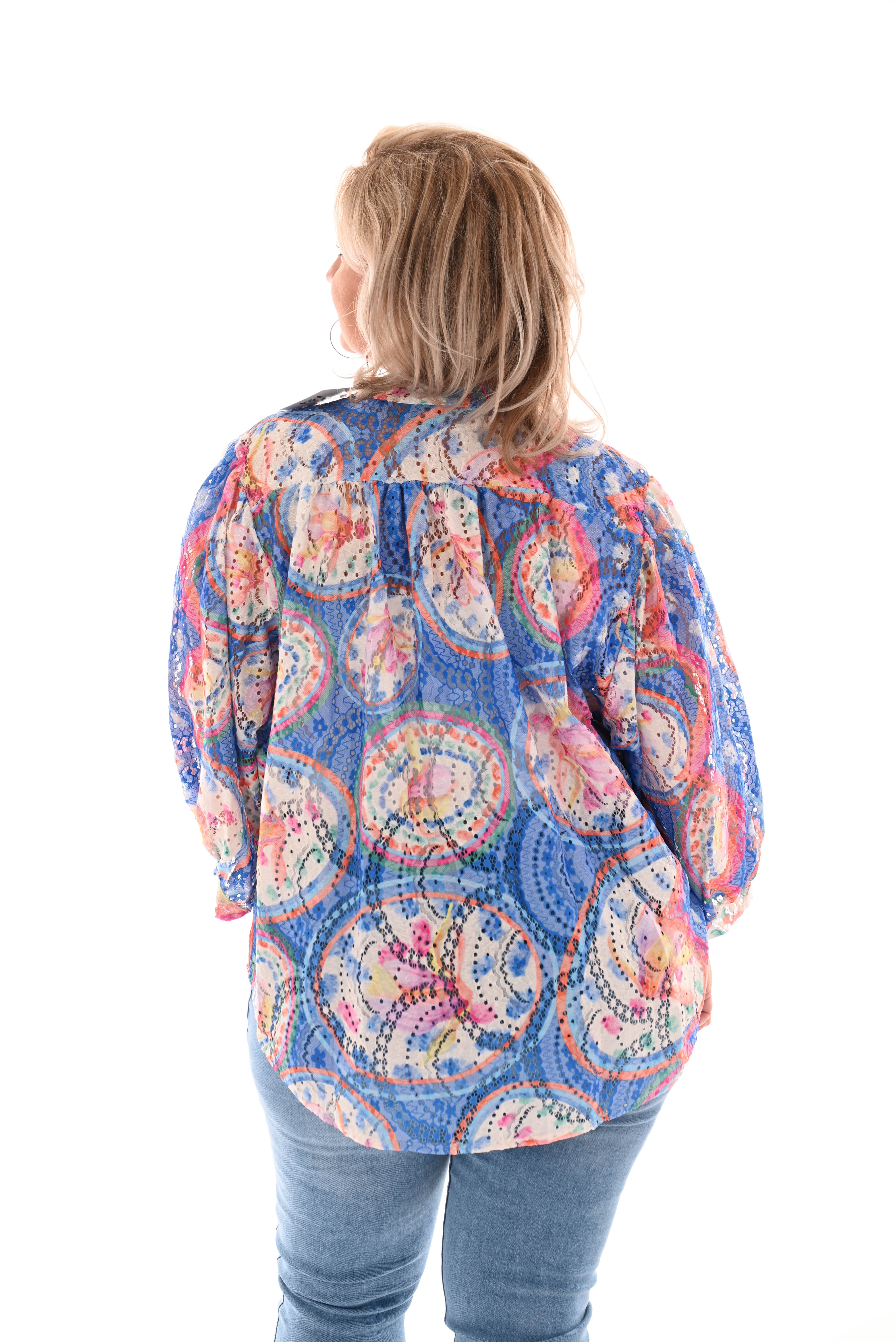Blouse volante mouwen cirkels kobaltblauw