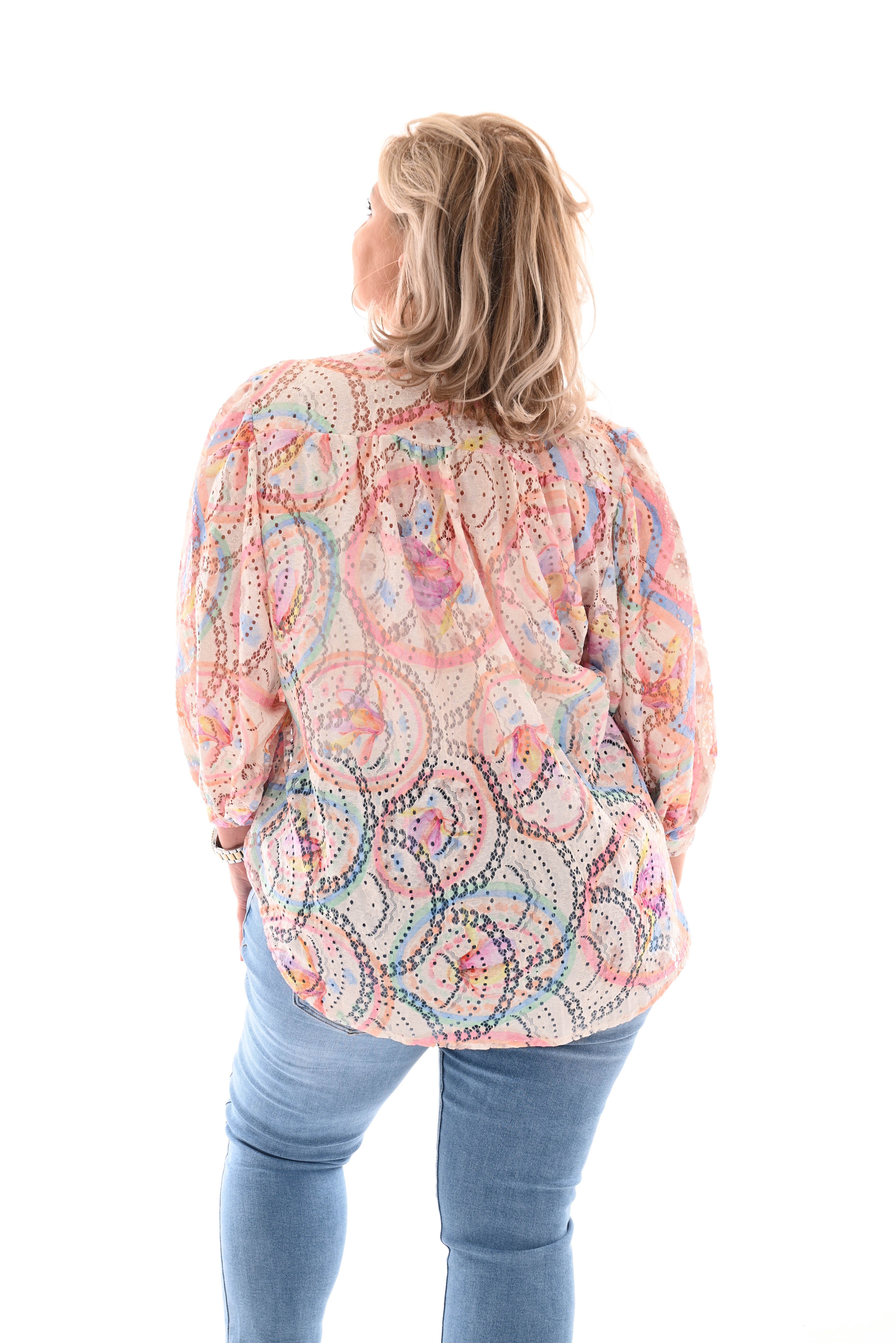 Blouse volante mouwen cirkels zalm