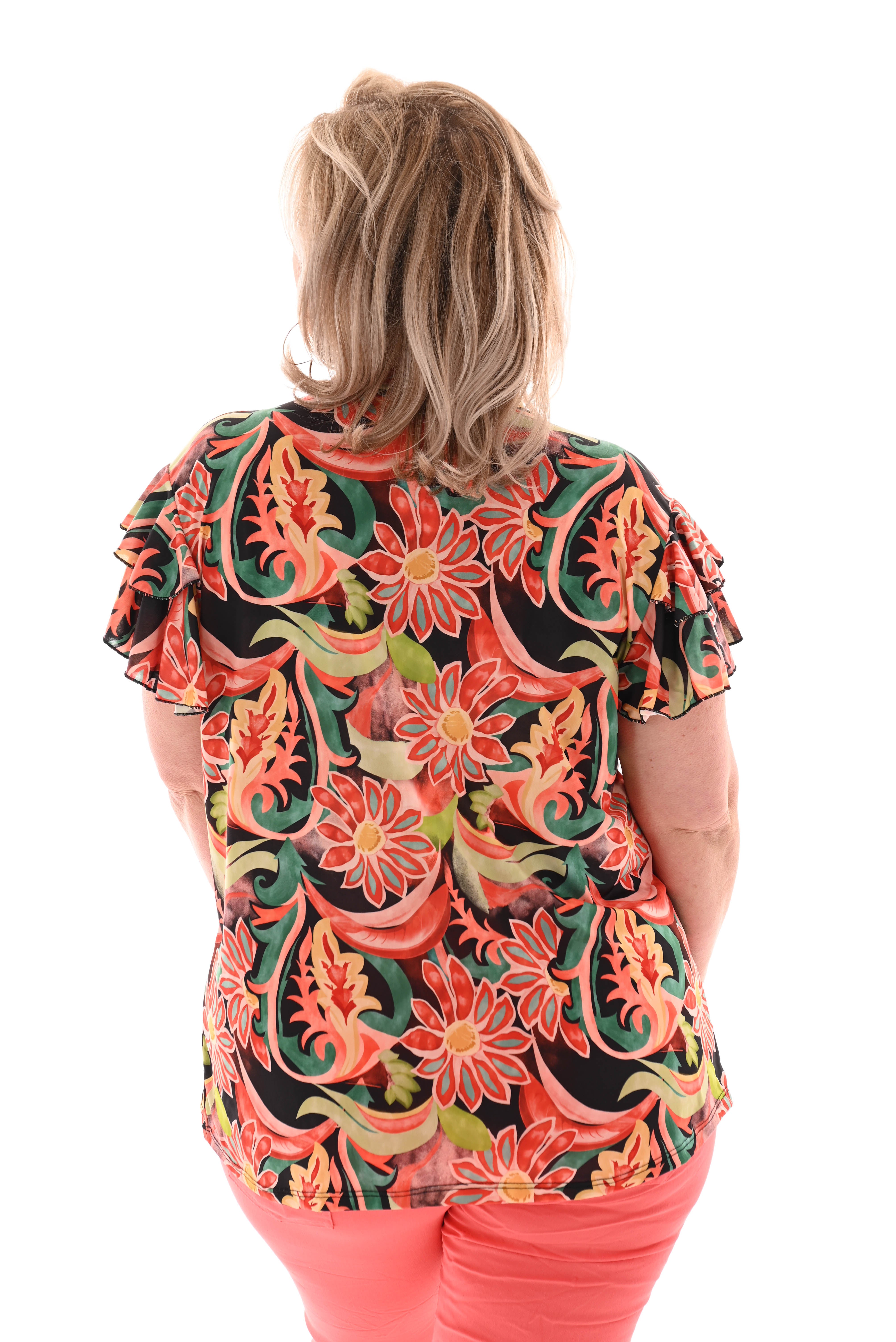 Top roezel met strik bloem barok oranje/zwart