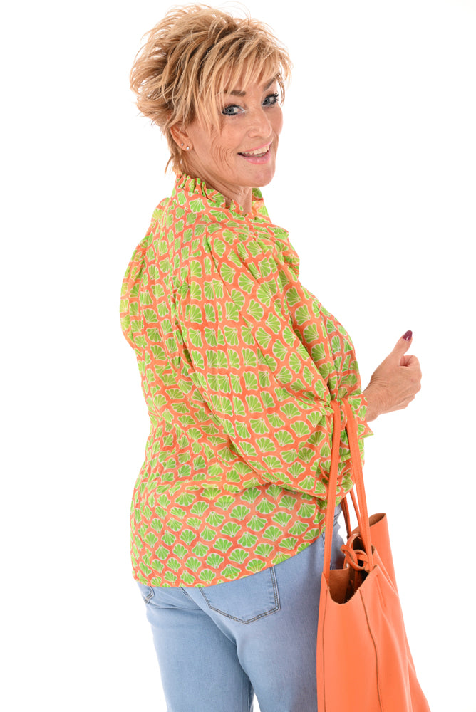 Korte blouse roezel schelp lime/oranje
