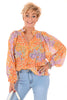 Korte blouse roezel bloem oranje/lila