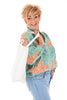 Korte blouse roezel bloem aquablauw/oranje
