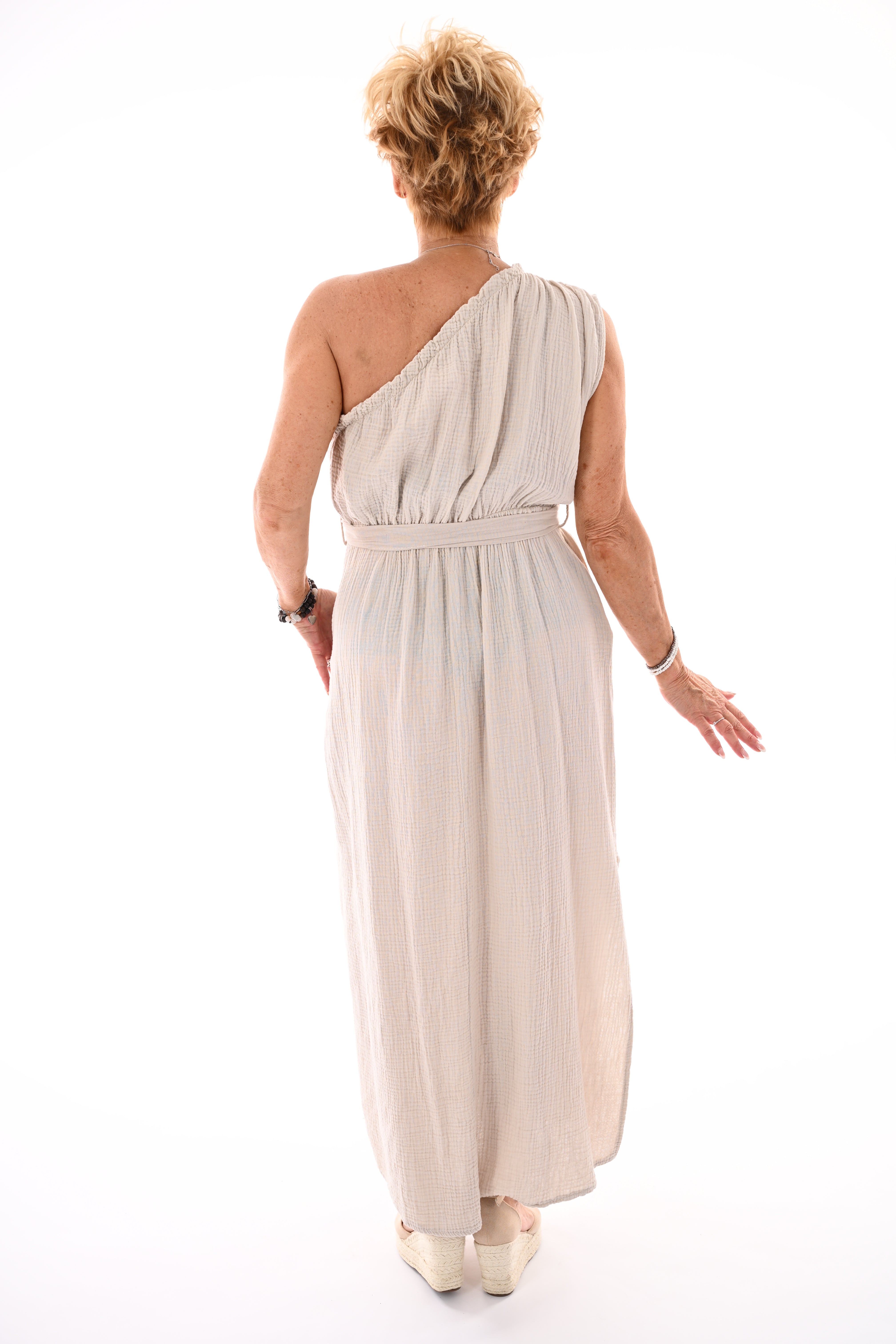 Lange wafel jurk one-shoulder beige
