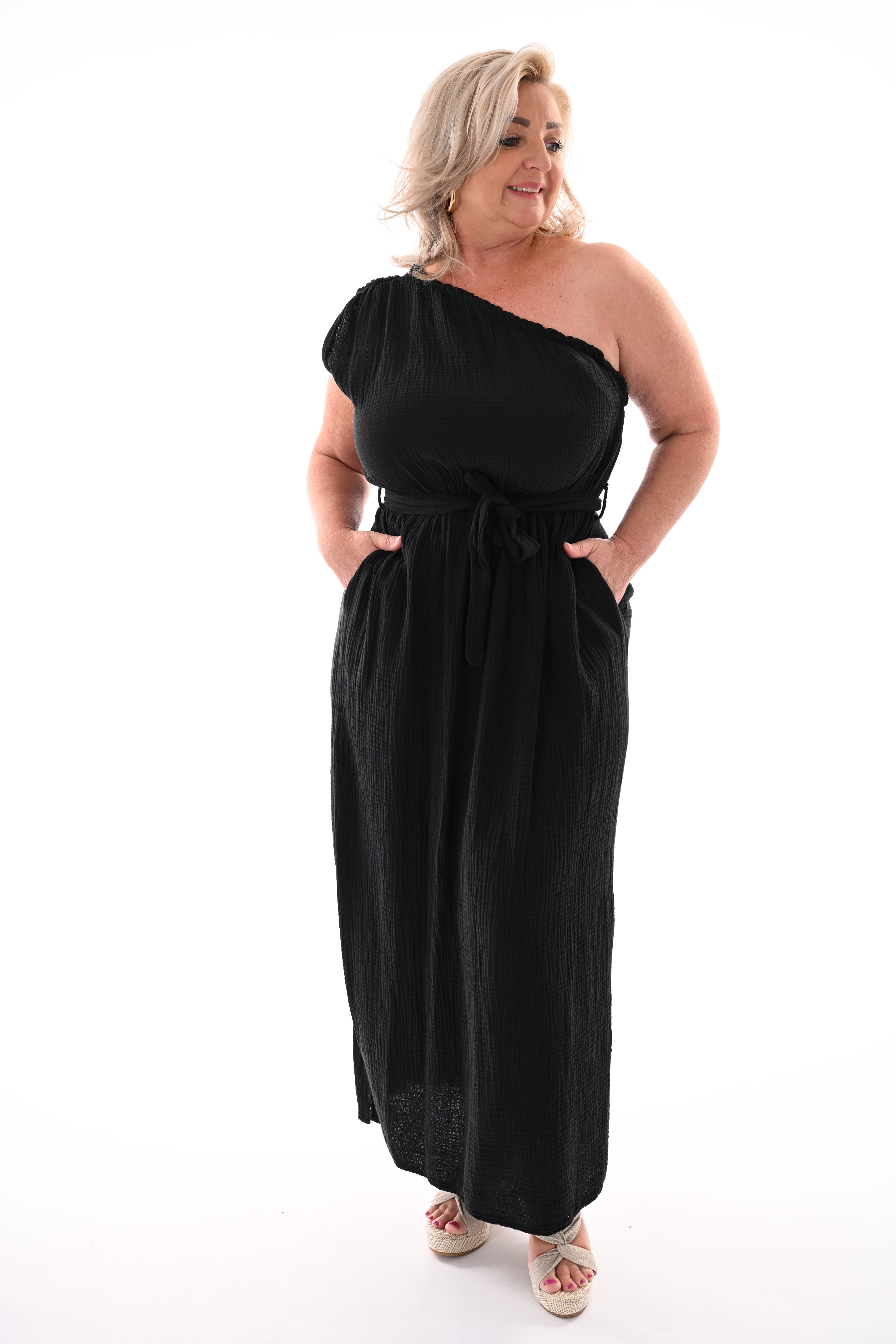 Lange wafel jurk one-shoulder zwart