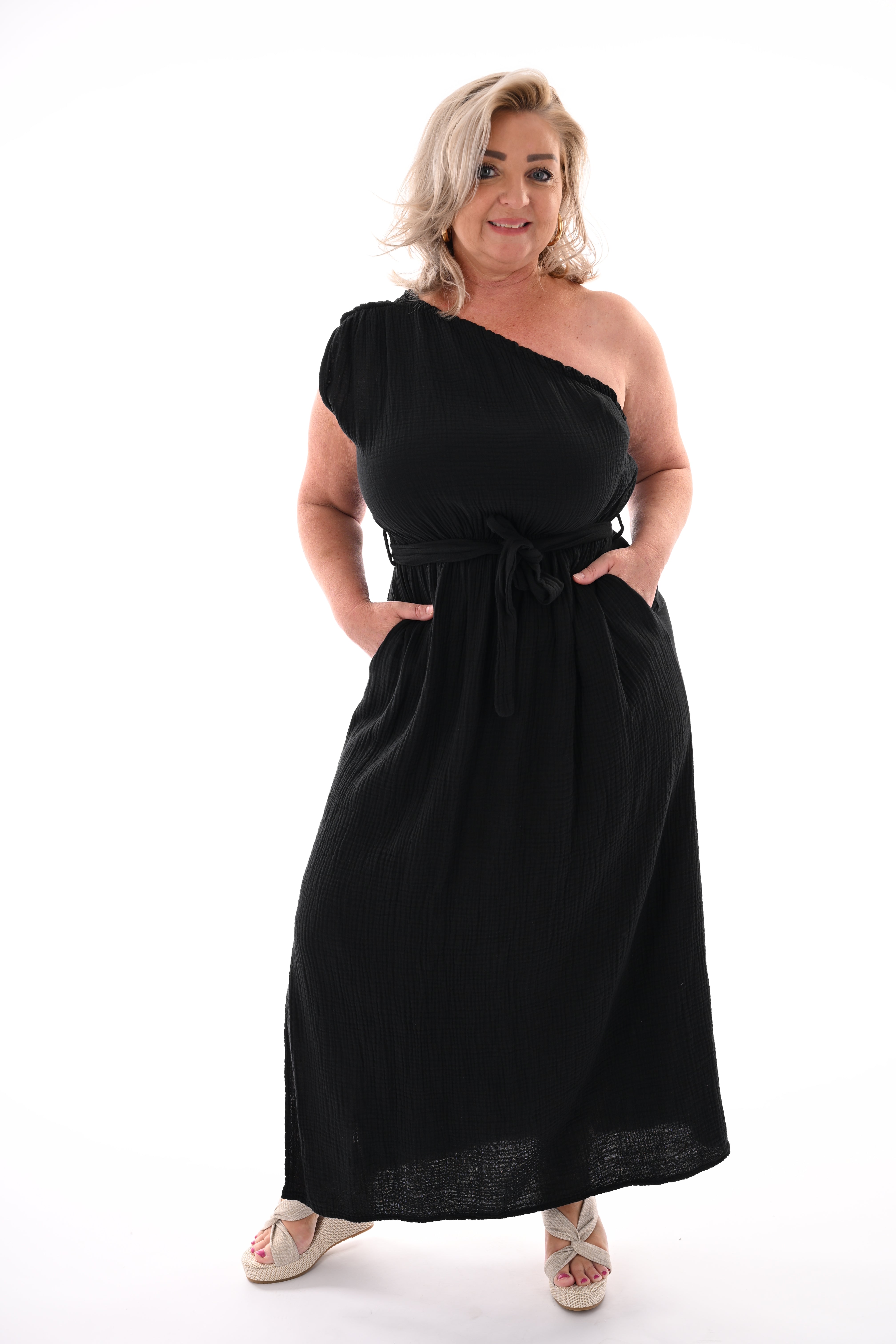 Lange wafel jurk one-shoulder zwart