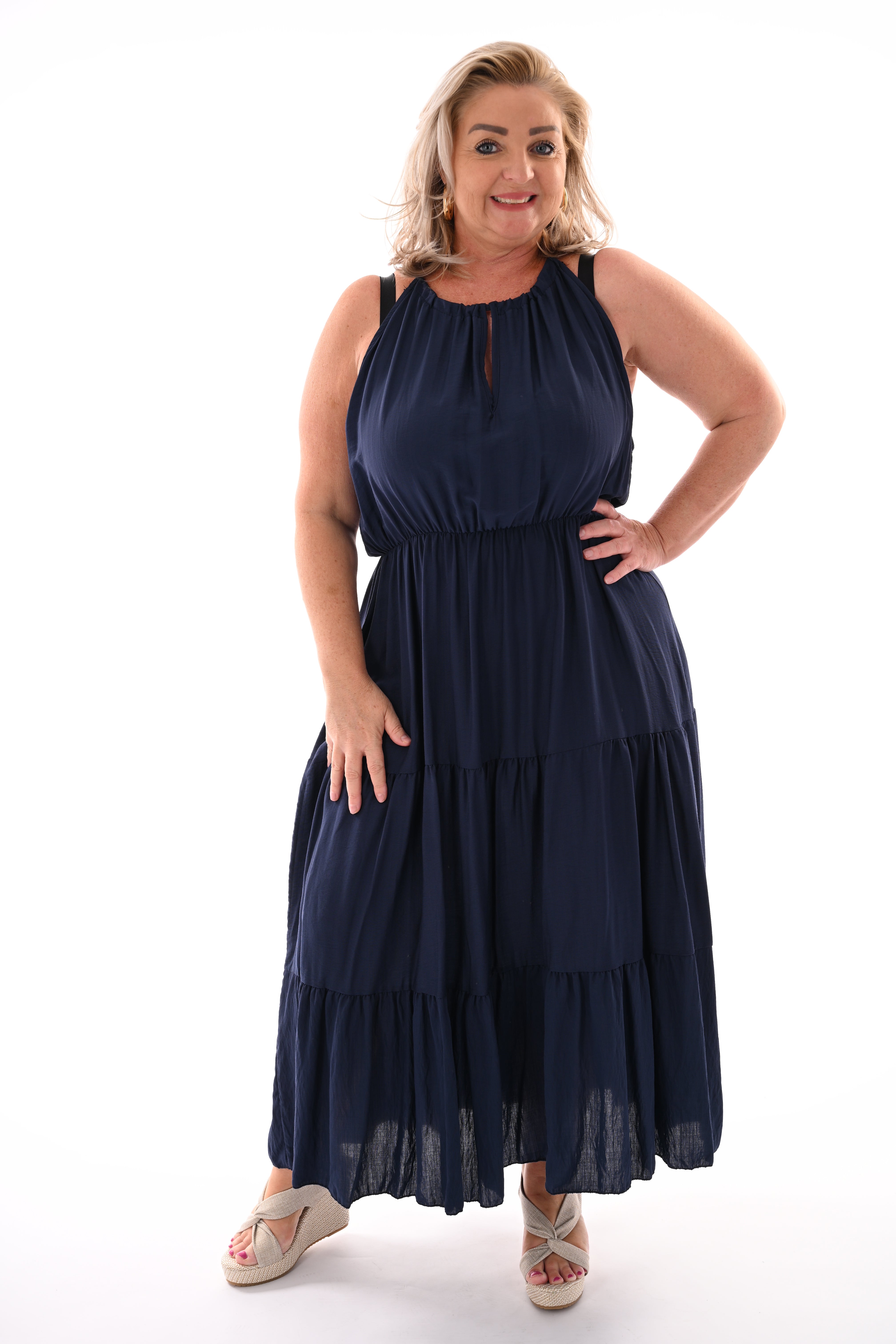 Maxi halterjurk stroken uni marineblauw