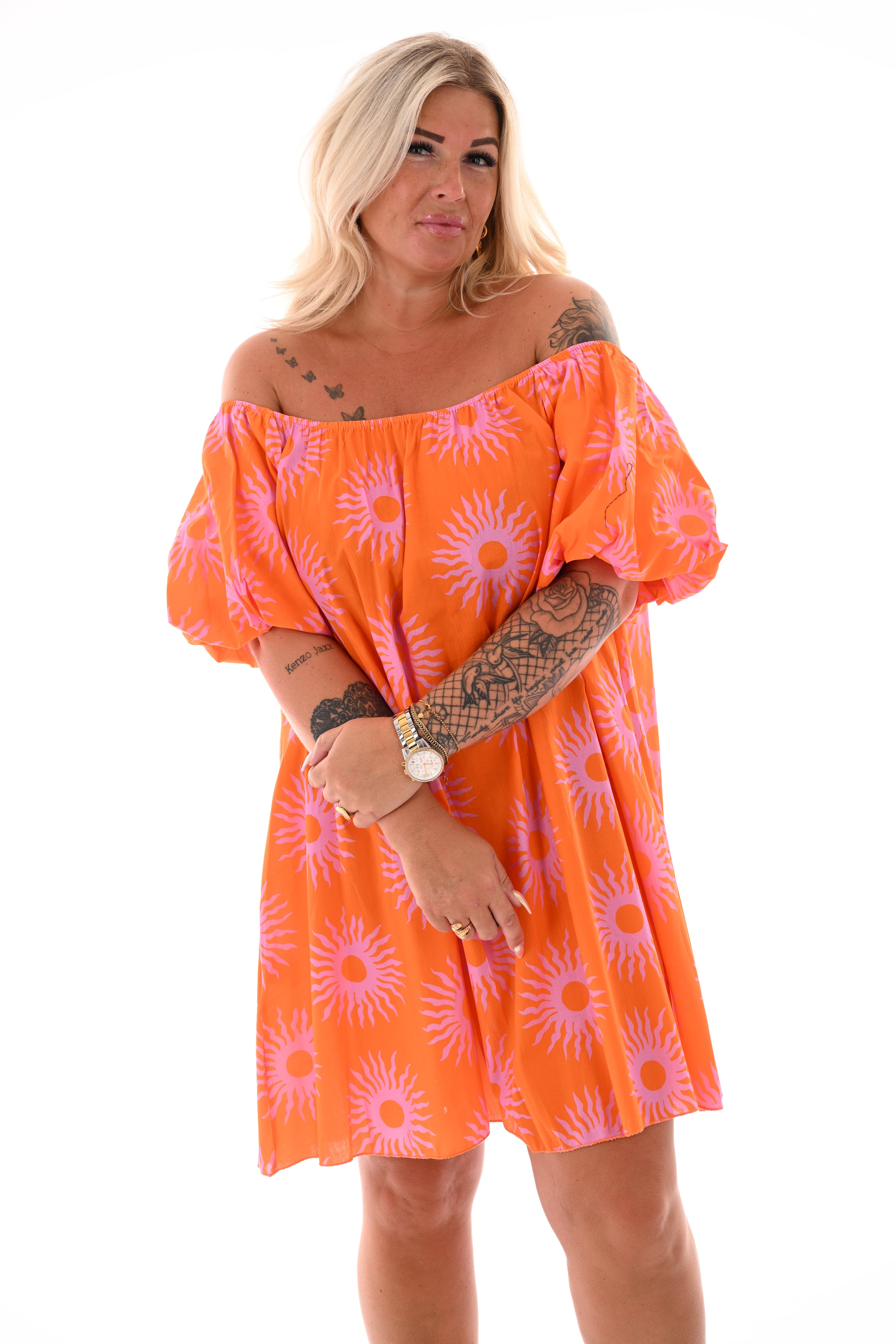 Off-shoulder jurk korte pofmouwen zon lichtroze/oranje