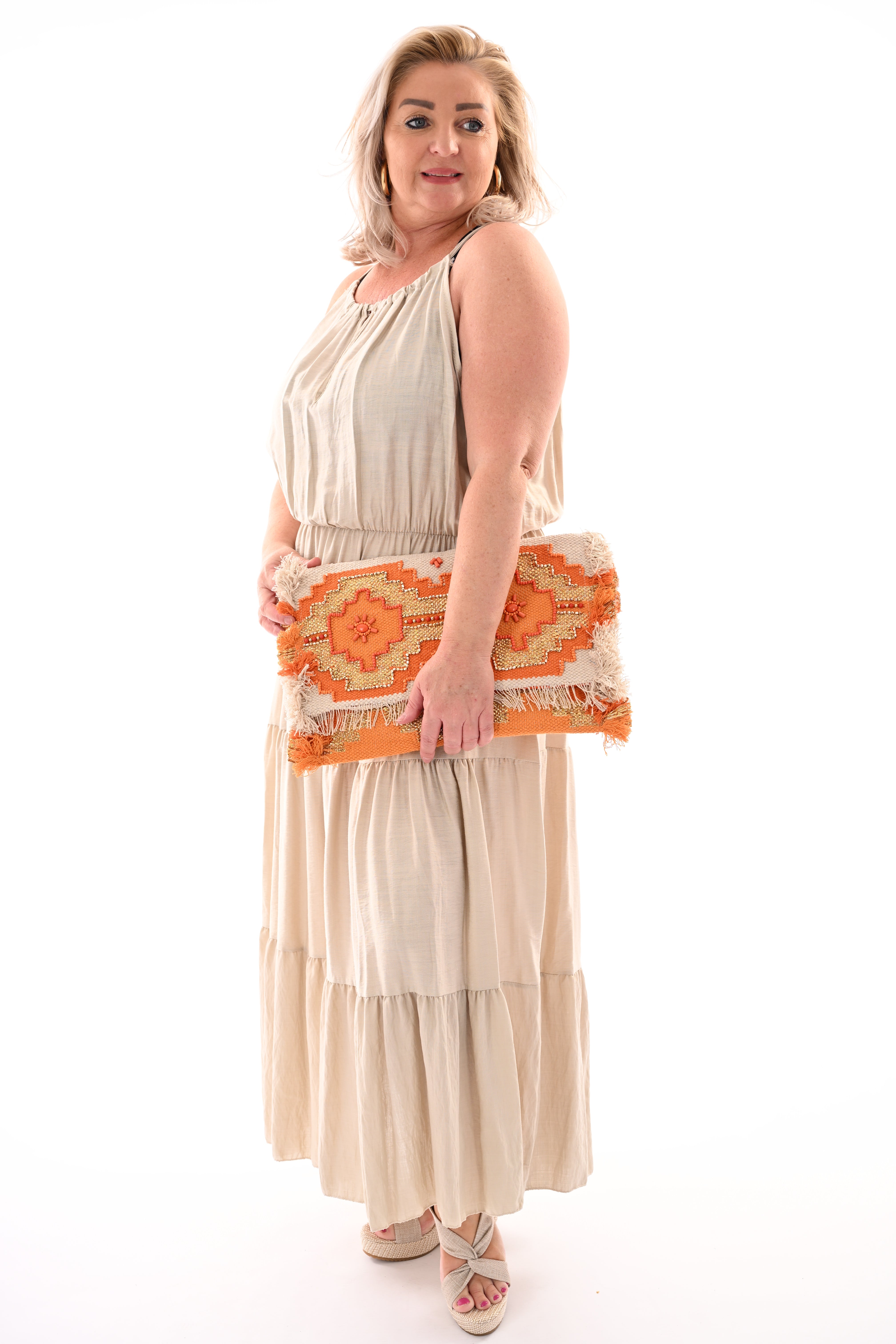 Maxi halterjurk stroken uni beige