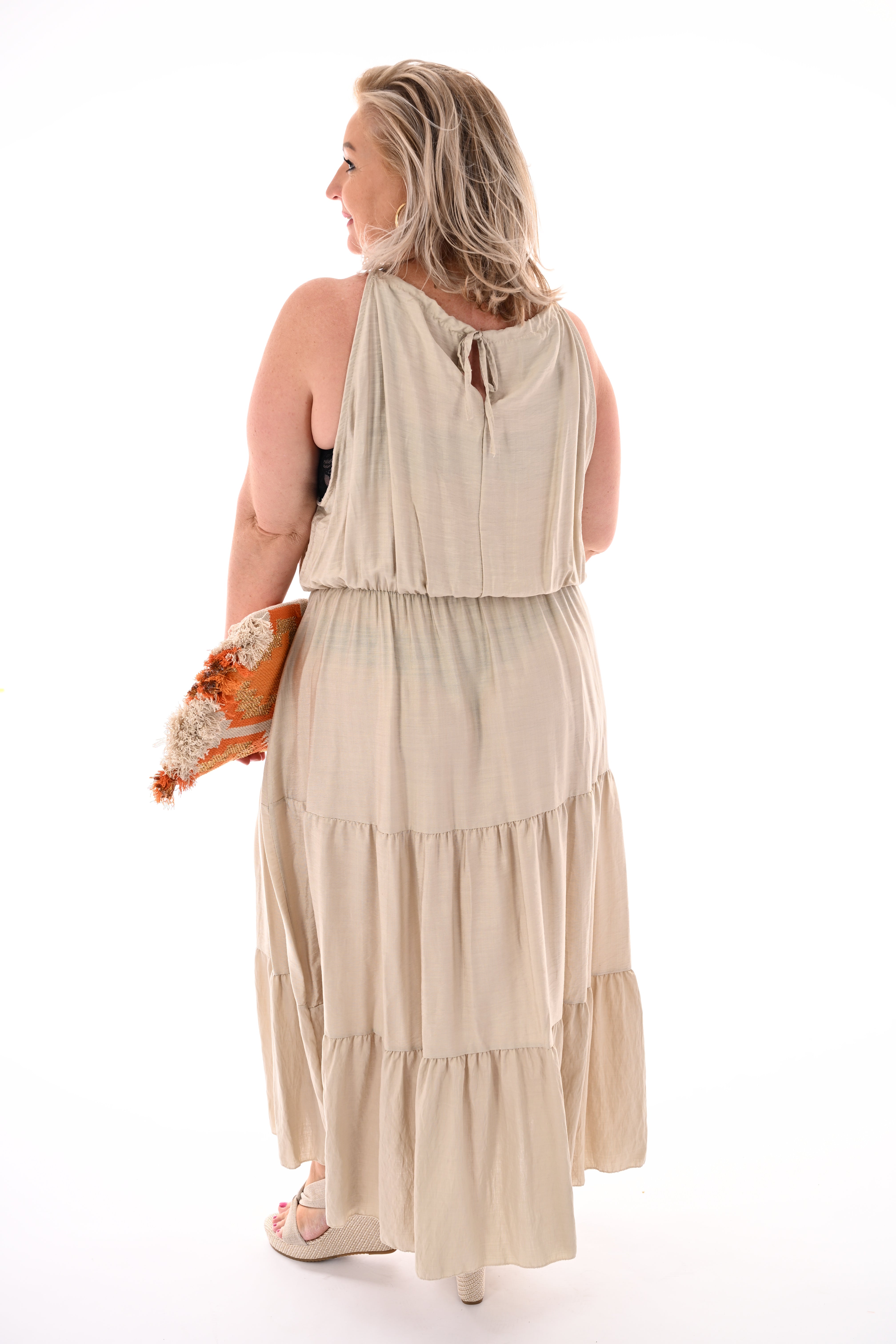 Maxi halterjurk stroken uni beige