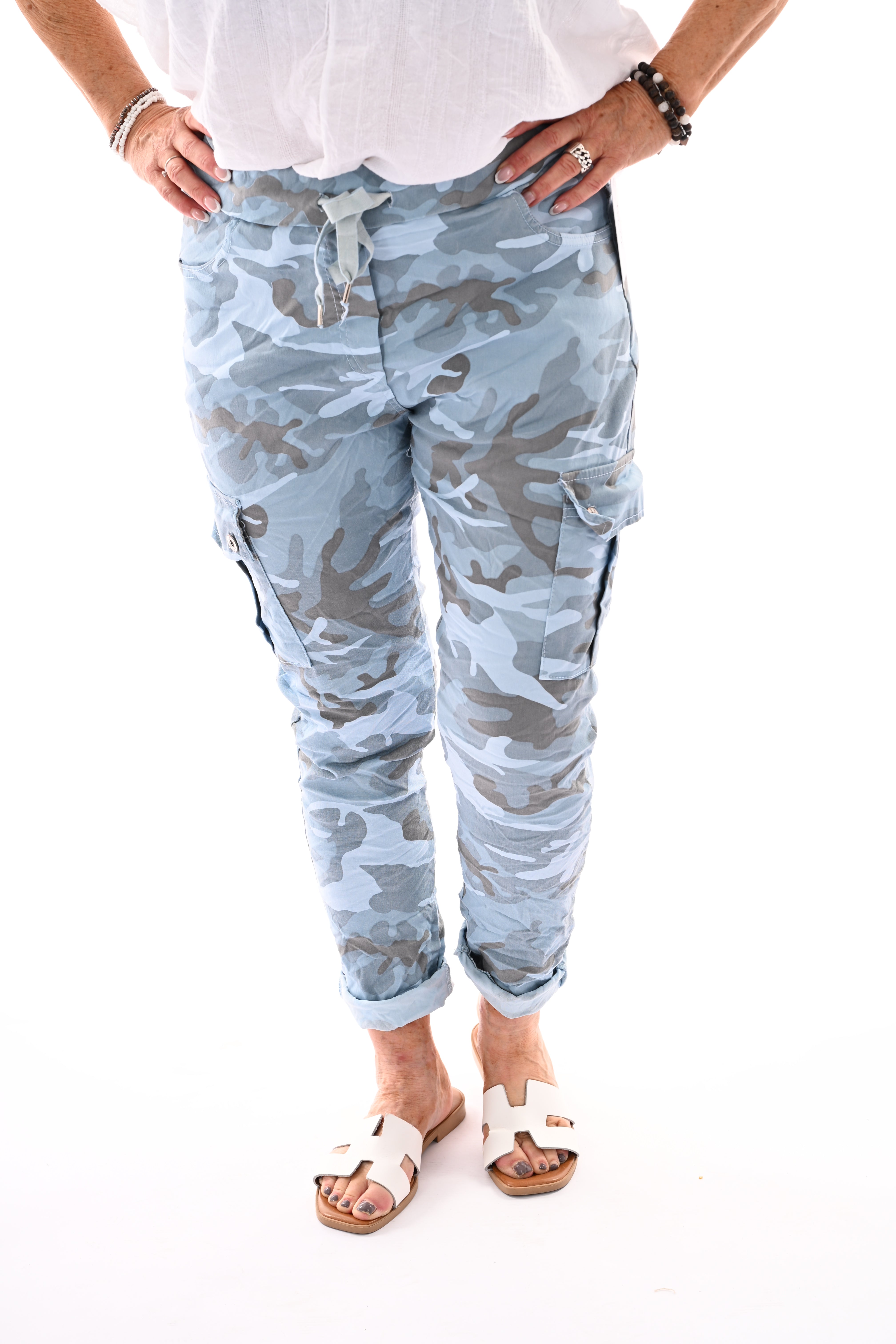 Stretchbroek camouflage cargo lichtblauw