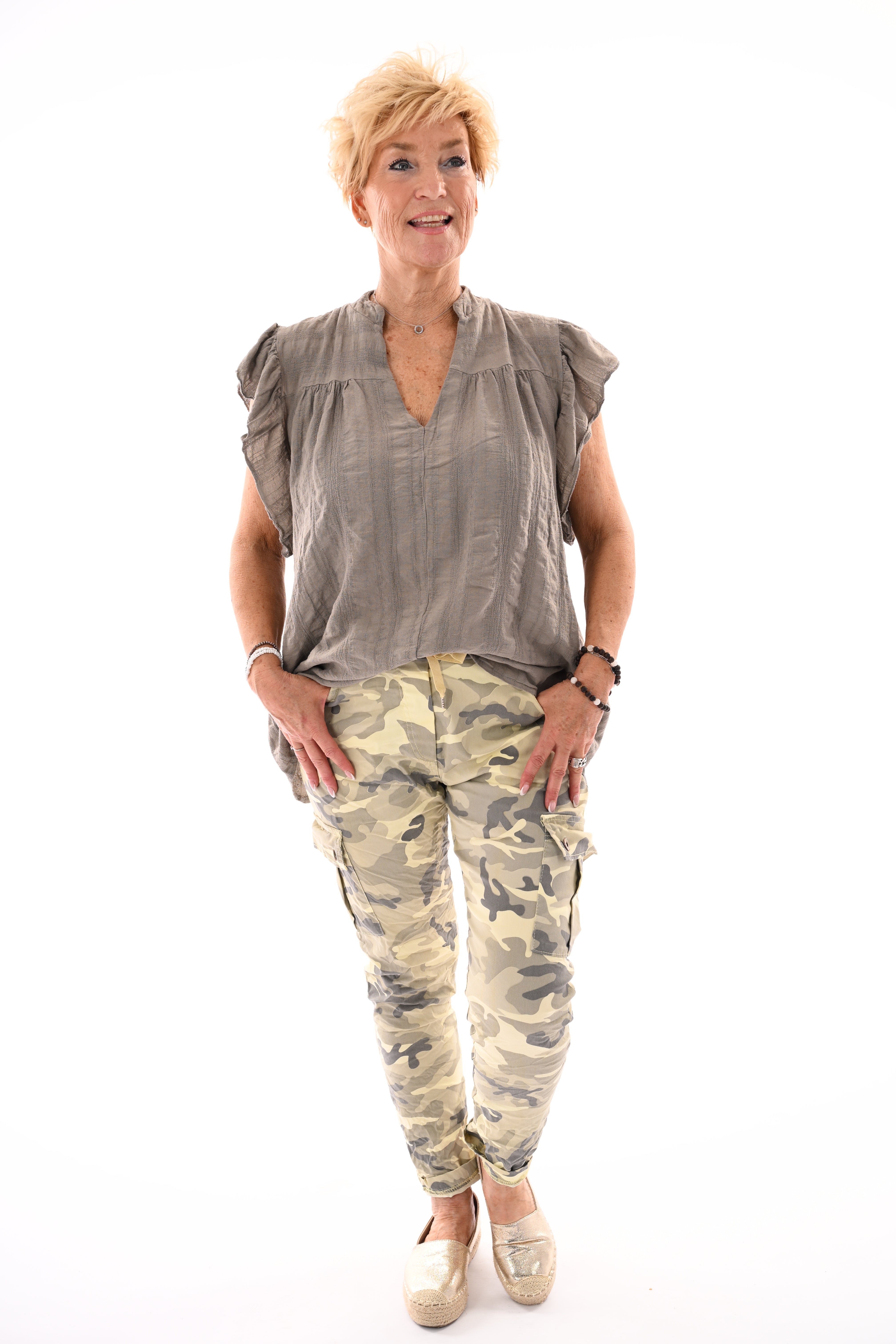 Stretchbroek camouflage cargo lichtgeel
